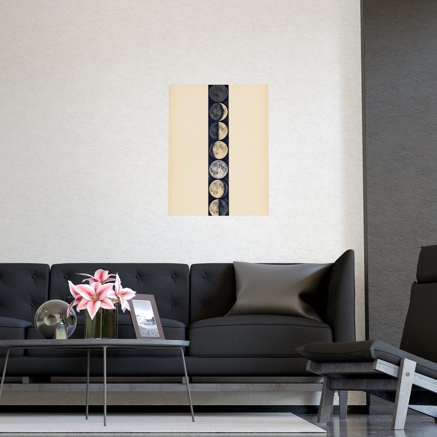 Phases of the Moon hung above a sofa with a side table and lilies, 11x17 in print
