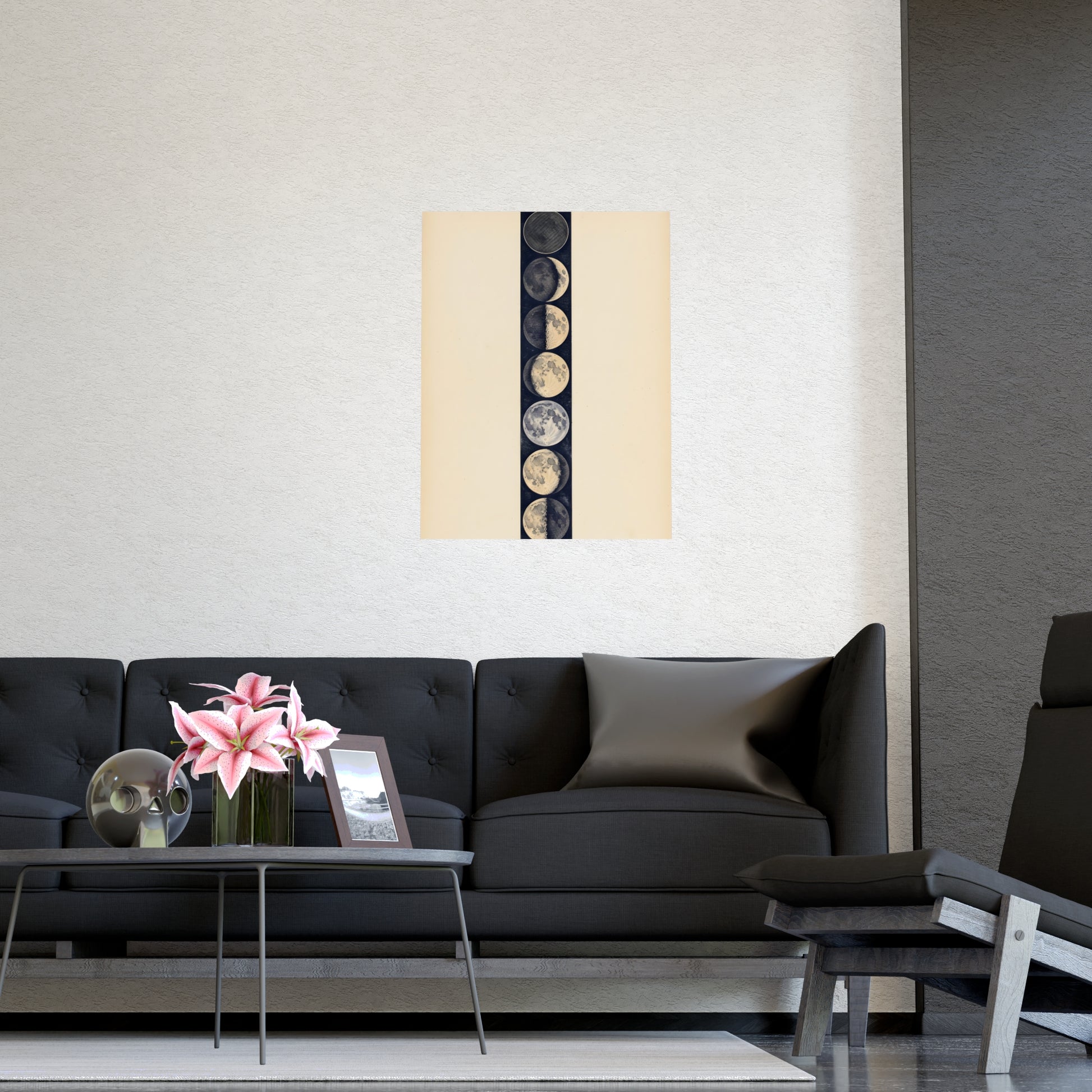 Phases of the Moon hung above a sofa with a side table and lilies, 11x17 in print