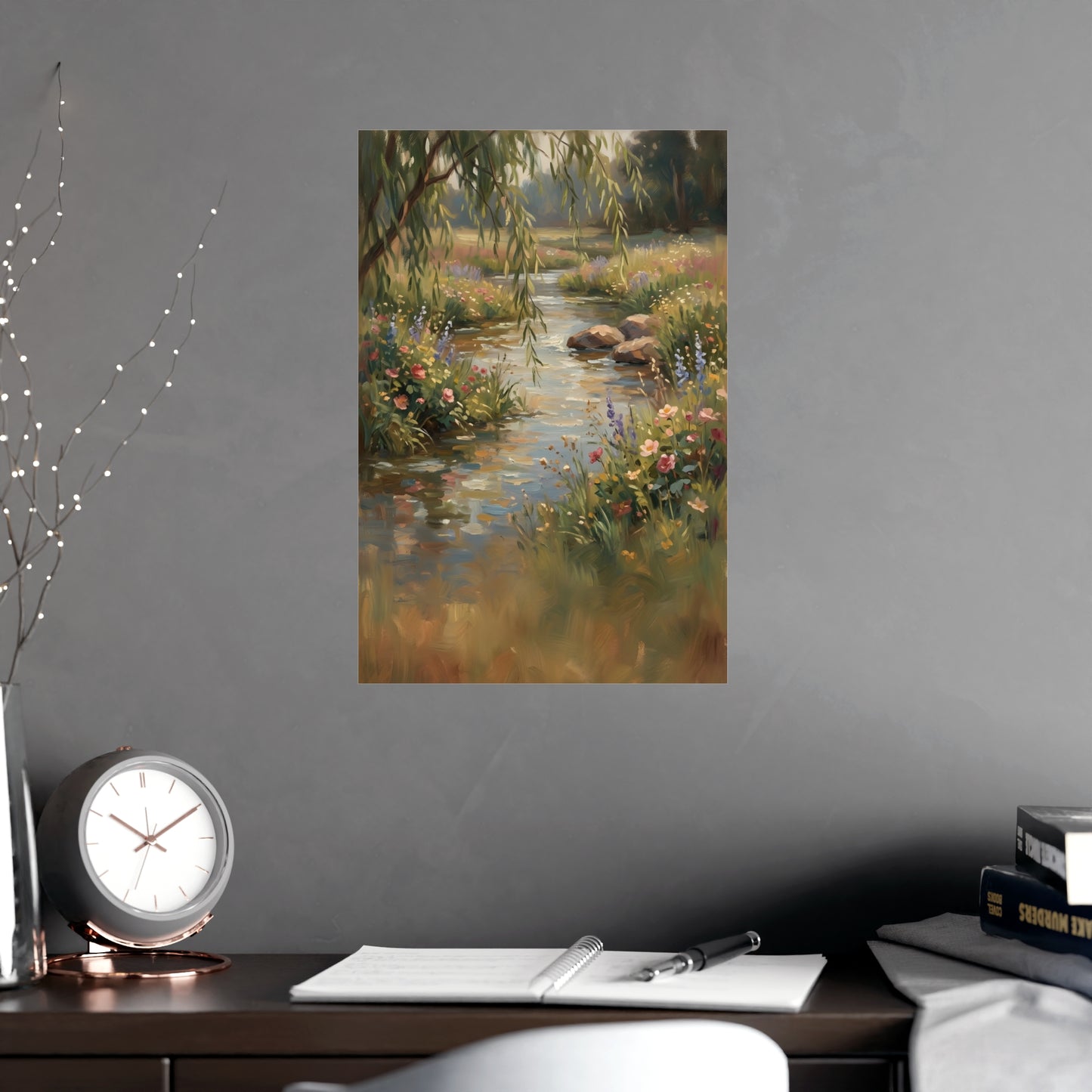 Willow Stream hung on a grey wall above a dark sofa, 12x18 in print