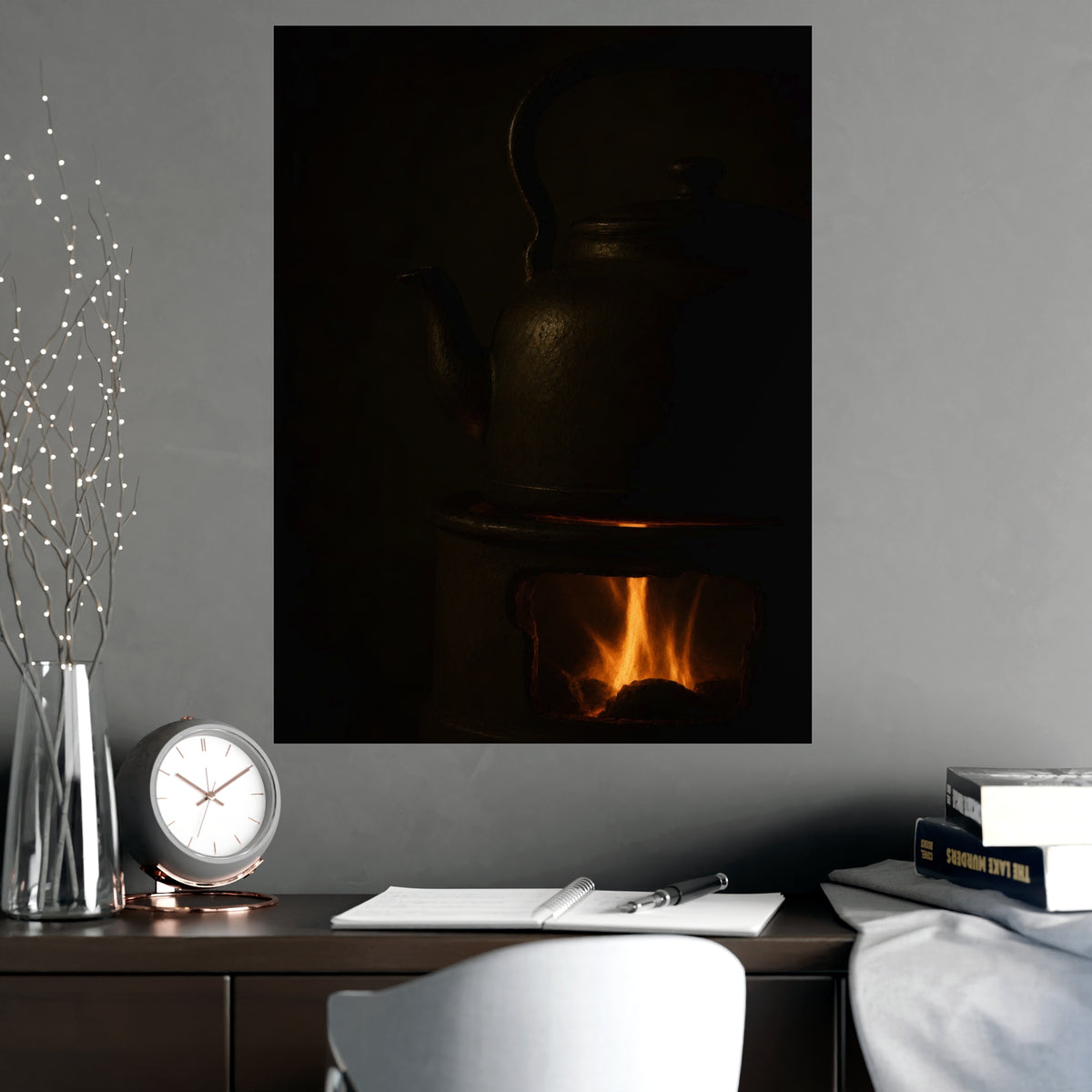 Under the Kettle — under the kettle, shown framed on a wall