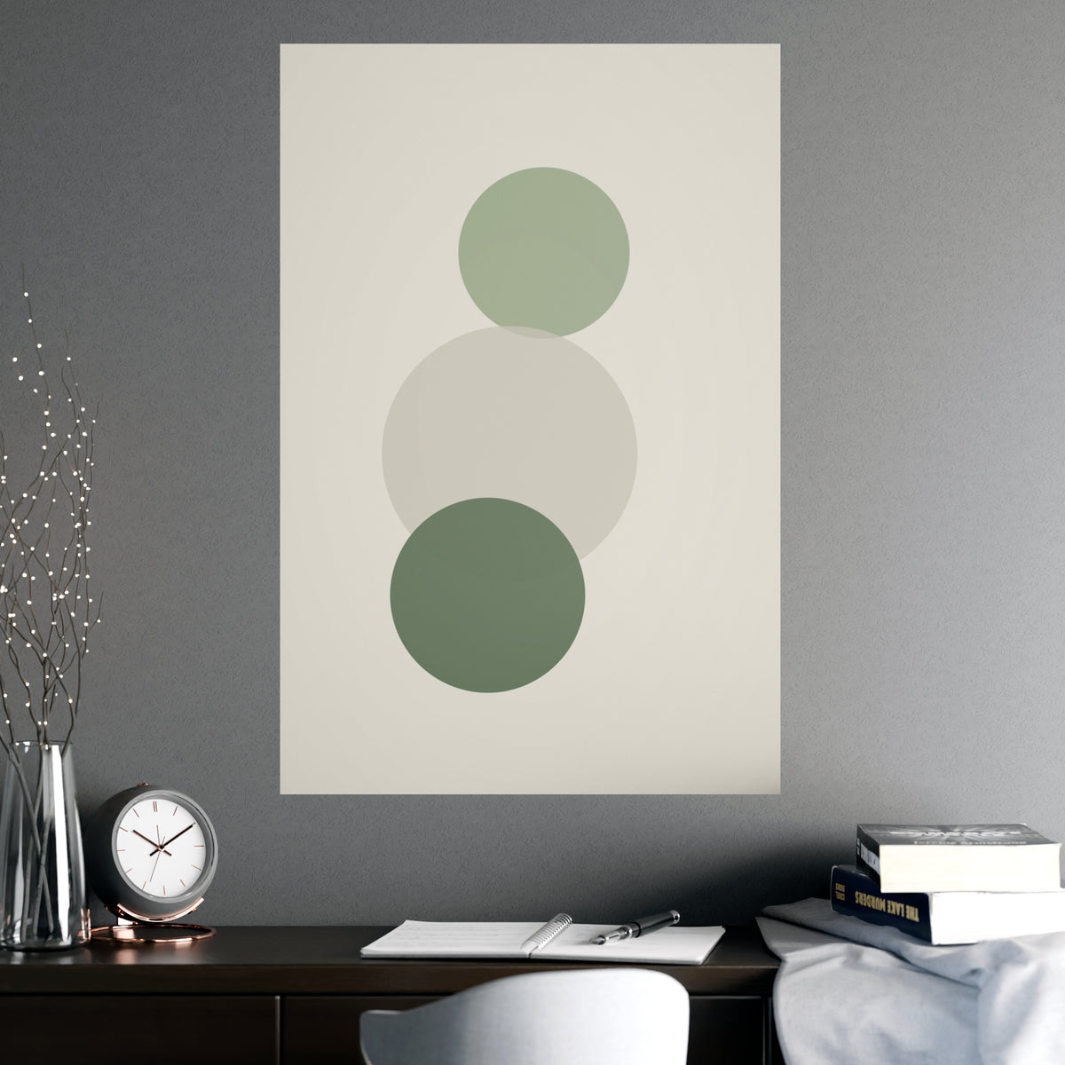 Sage Neutral Circles Boho Wall Art — circles in a sage neutral palette, shown framed on a wall