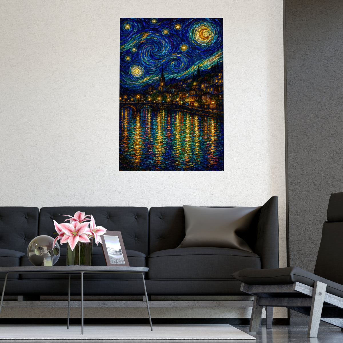 River Town at Night — river town at night, shown framed on a wall