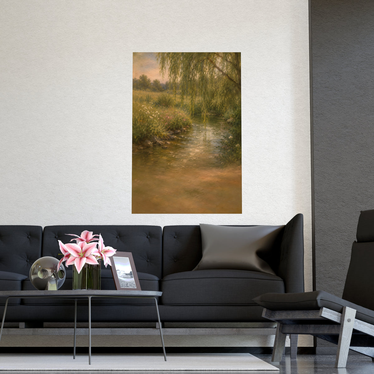 Willow Stream — a shallow stream winding through a meadow with willow branches trailing over the water, shown framed on a wal