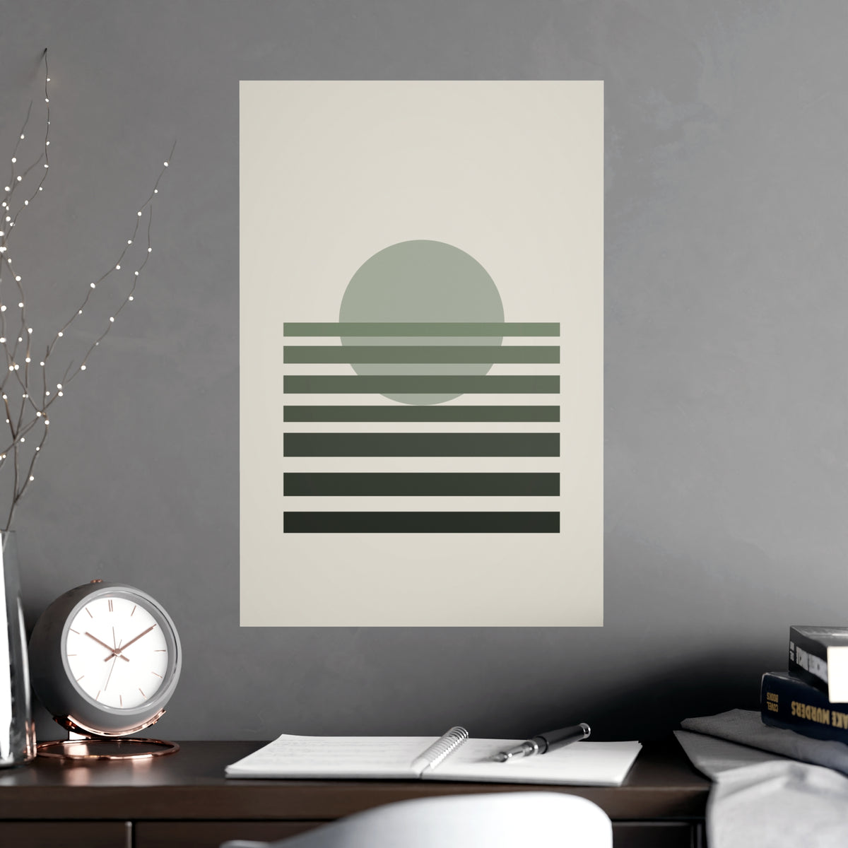 Sage Neutral Sunset Boho Wall Art — sunset in a sage neutral palette, shown framed on a wall