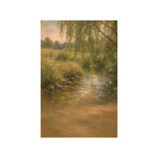 Willow Stream — a shallow stream winding through a meadow with willow branches trailing over the water, 11x17 in print