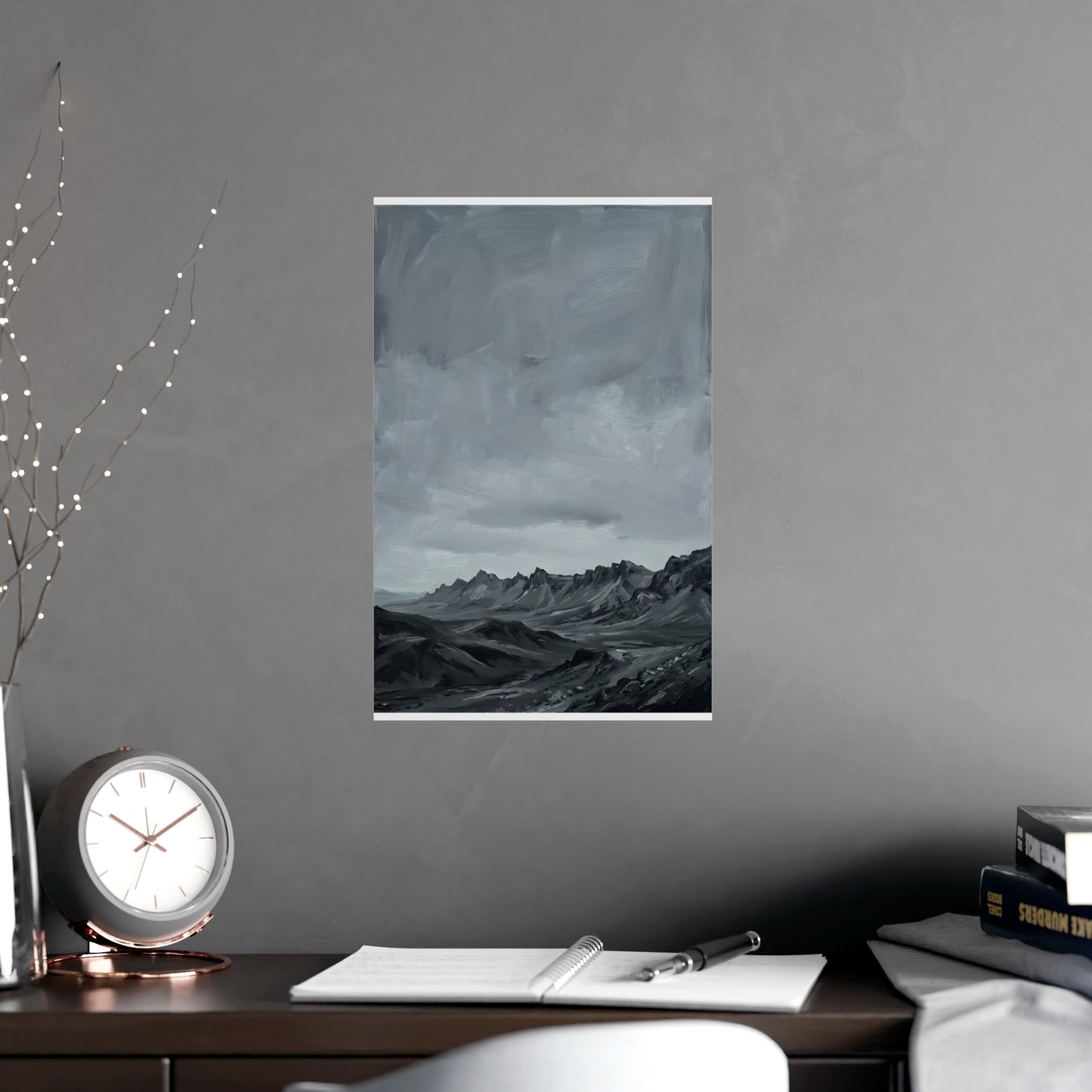 Distant Ridge hung above a sofa with a side table and lilies, 11x17 in print