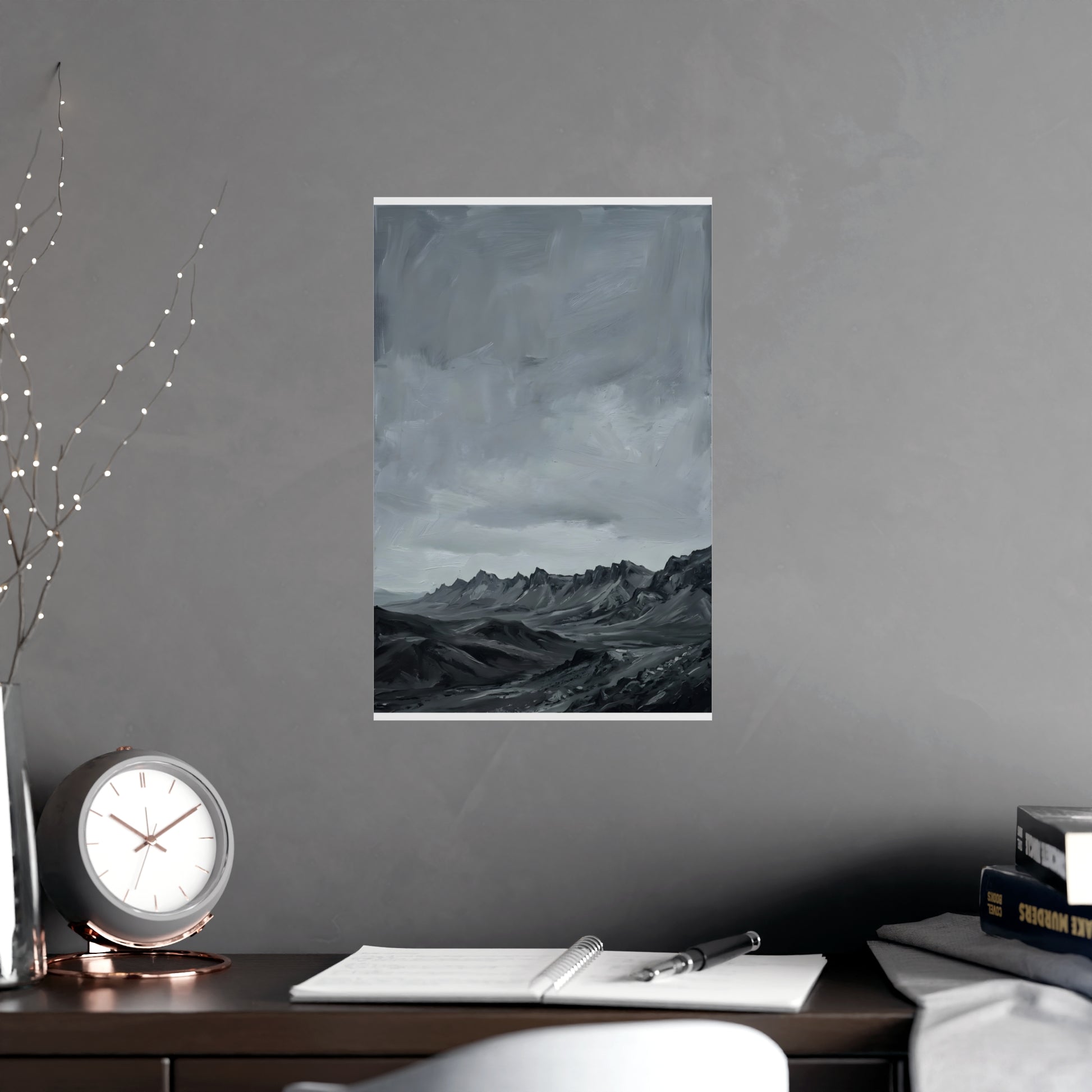 Distant Ridge hung above a sofa with a side table and lilies, 11x17 in print