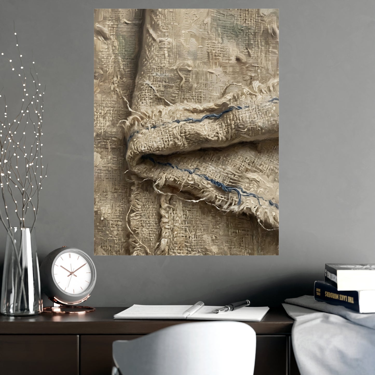 Folded Linen on a living room wall beside a tall vase, 18x24 in print