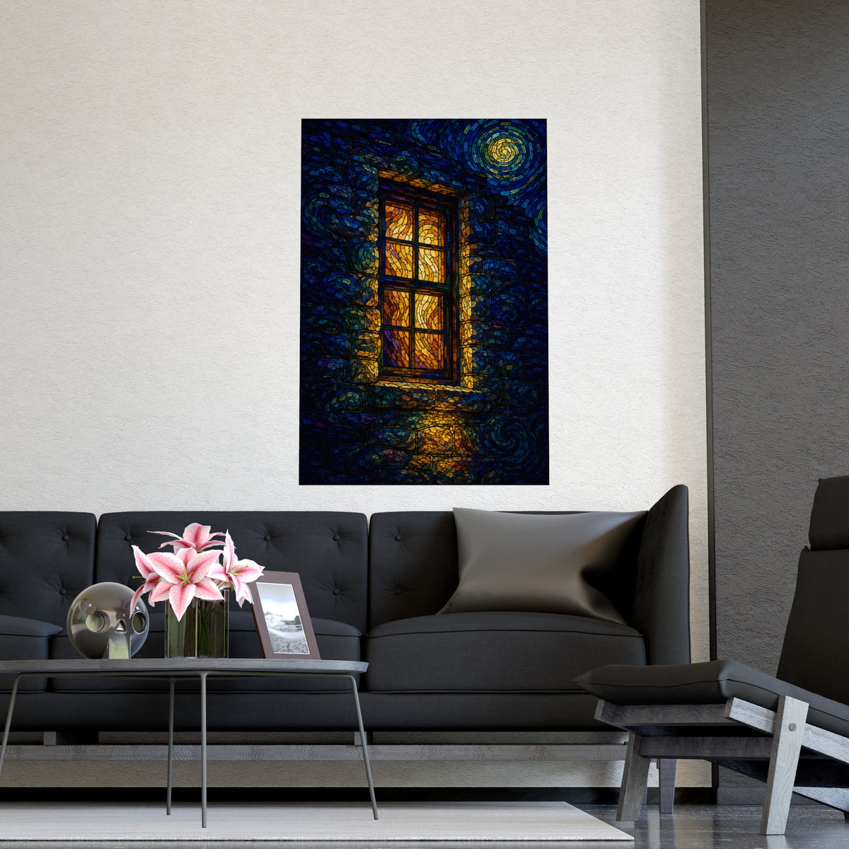 One Lit Window — one lit window, shown framed on a wall