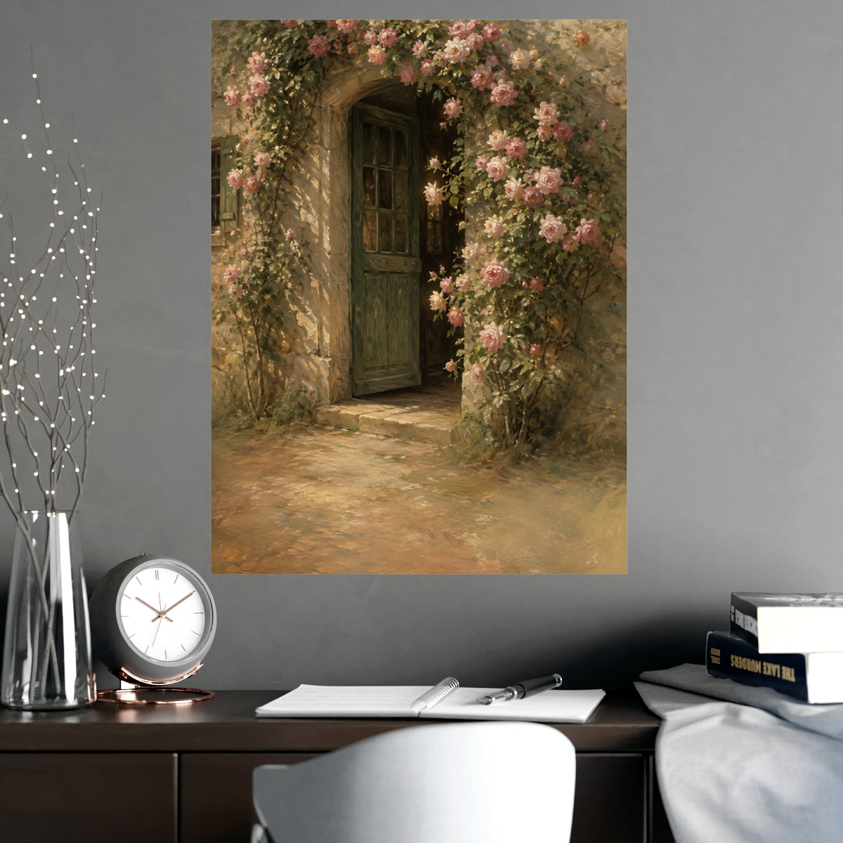 Rose Cottage Door — a stone cottage doorway framed by climbing roses in full bloom, shown framed on a wall