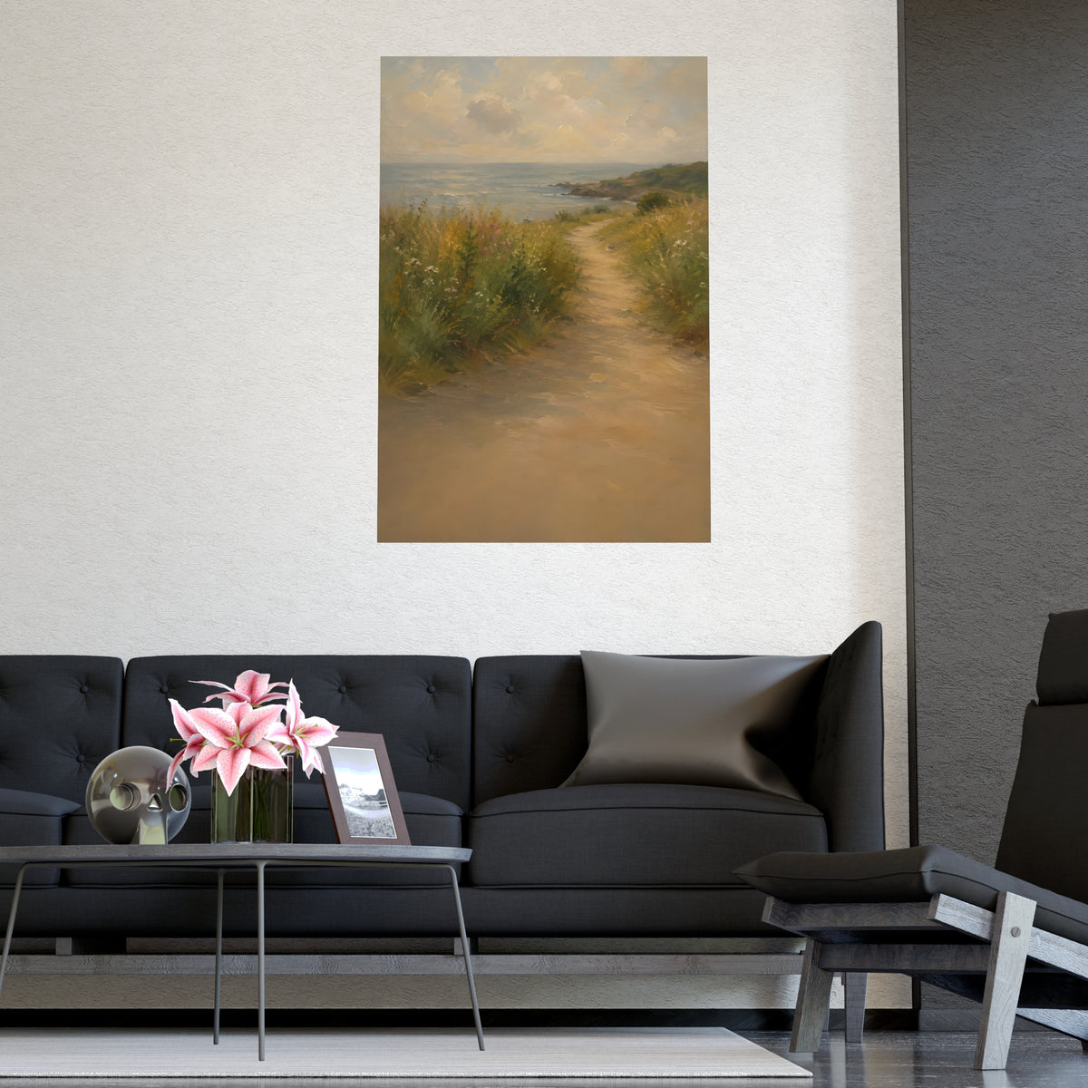 Coast Path — a sandy path through wild grasses and sea pinks with a calm sea beyond, shown framed on a wall
