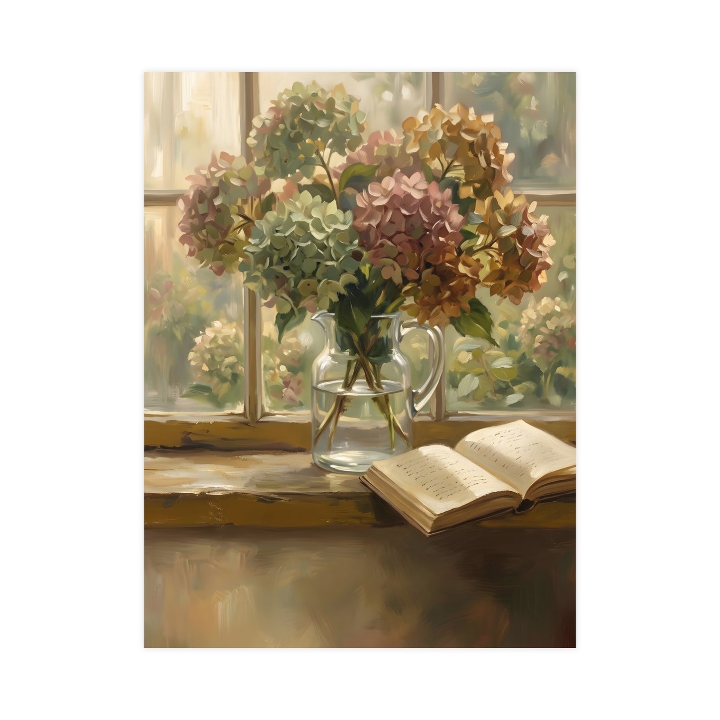 Hydrangeas and a Book — hydrangeas in a glass jug beside an open book on a sunlit windowsill, 12x18 in print