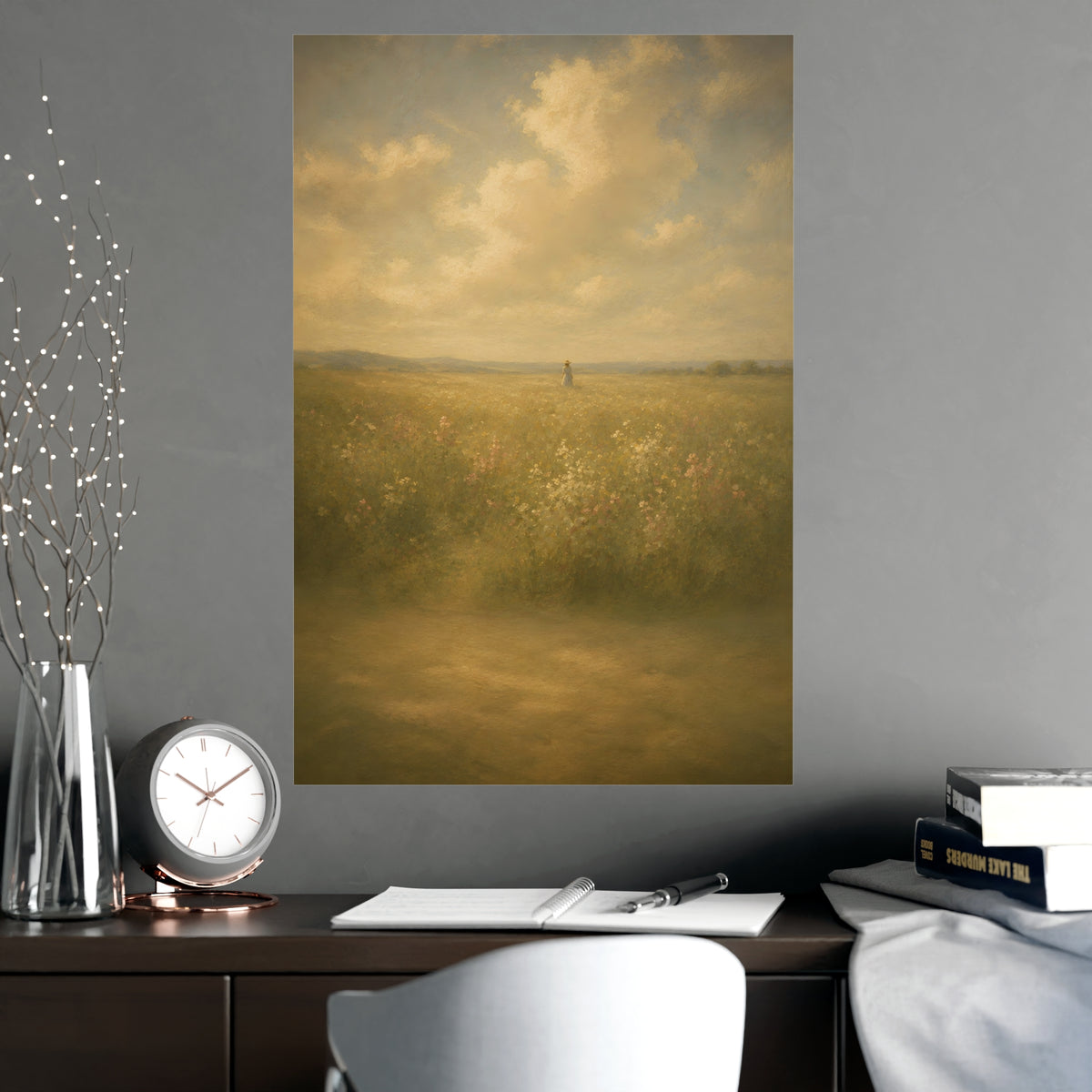Small in the Field — a single figure very small and far off in a wide wildflower field under a wide summer sky, shown framed