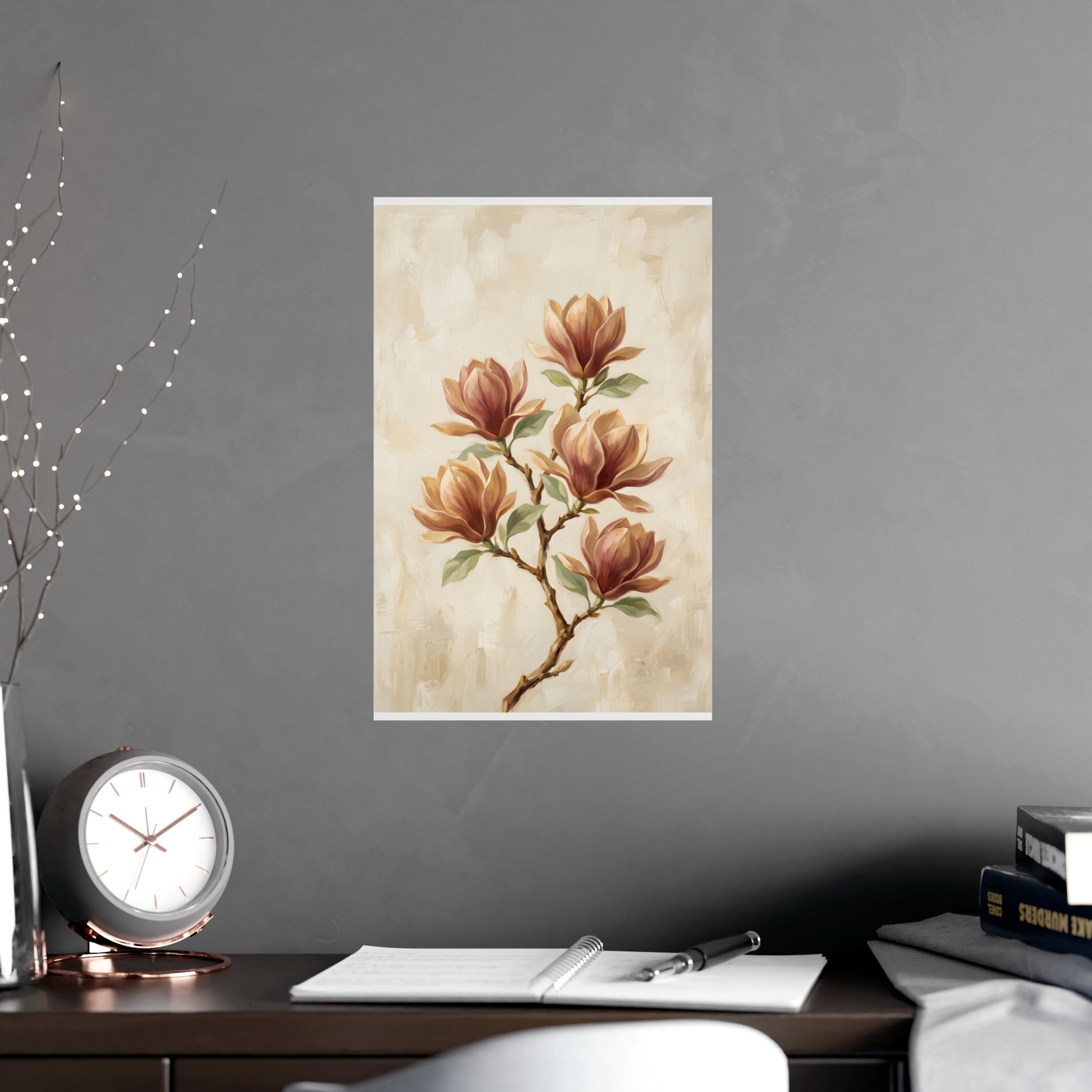 Gemini 05 hung above a desk with a clock and notebook, 11x17 in print