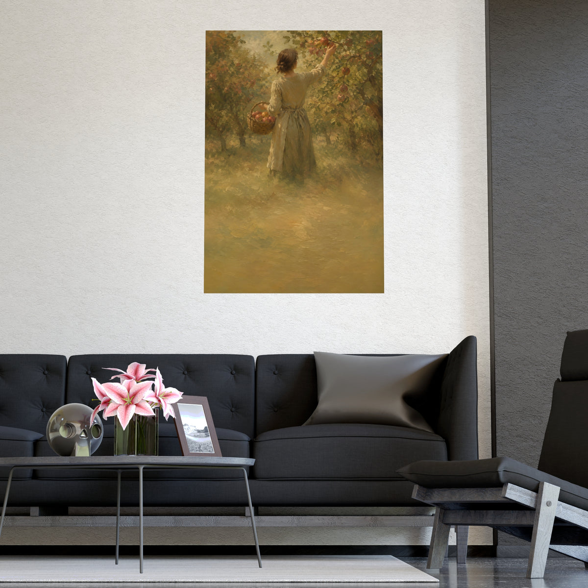 Picking Apples — a woman picking apples in an orchard in early autumn, seen from behind, shown framed on a wall