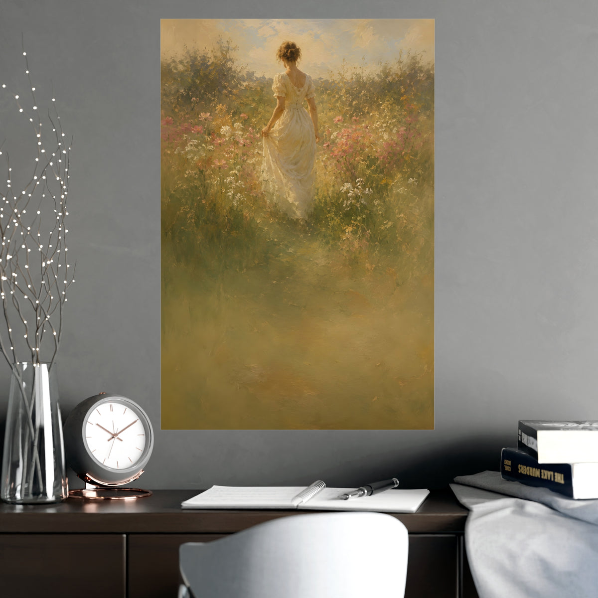 Meadow Walk — a woman walking through a summer meadow of wildflowers, shown framed on a wall