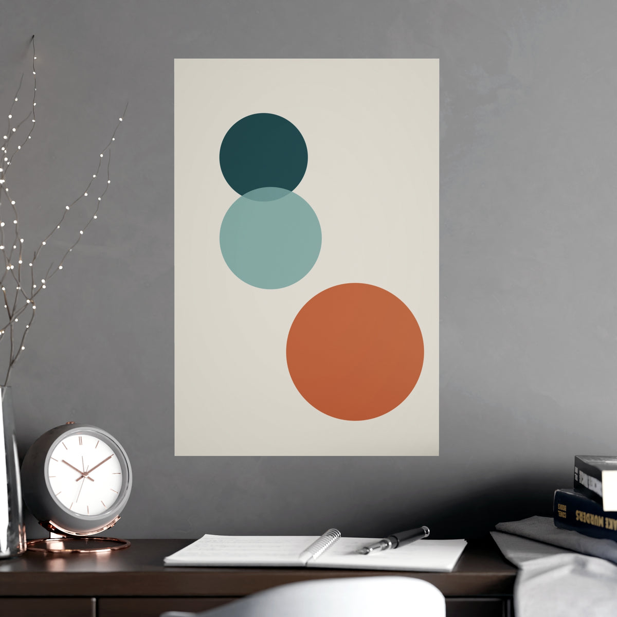 Deep Teal Circles Modern Wall Art — circles in a deep teal palette, shown framed on a wall