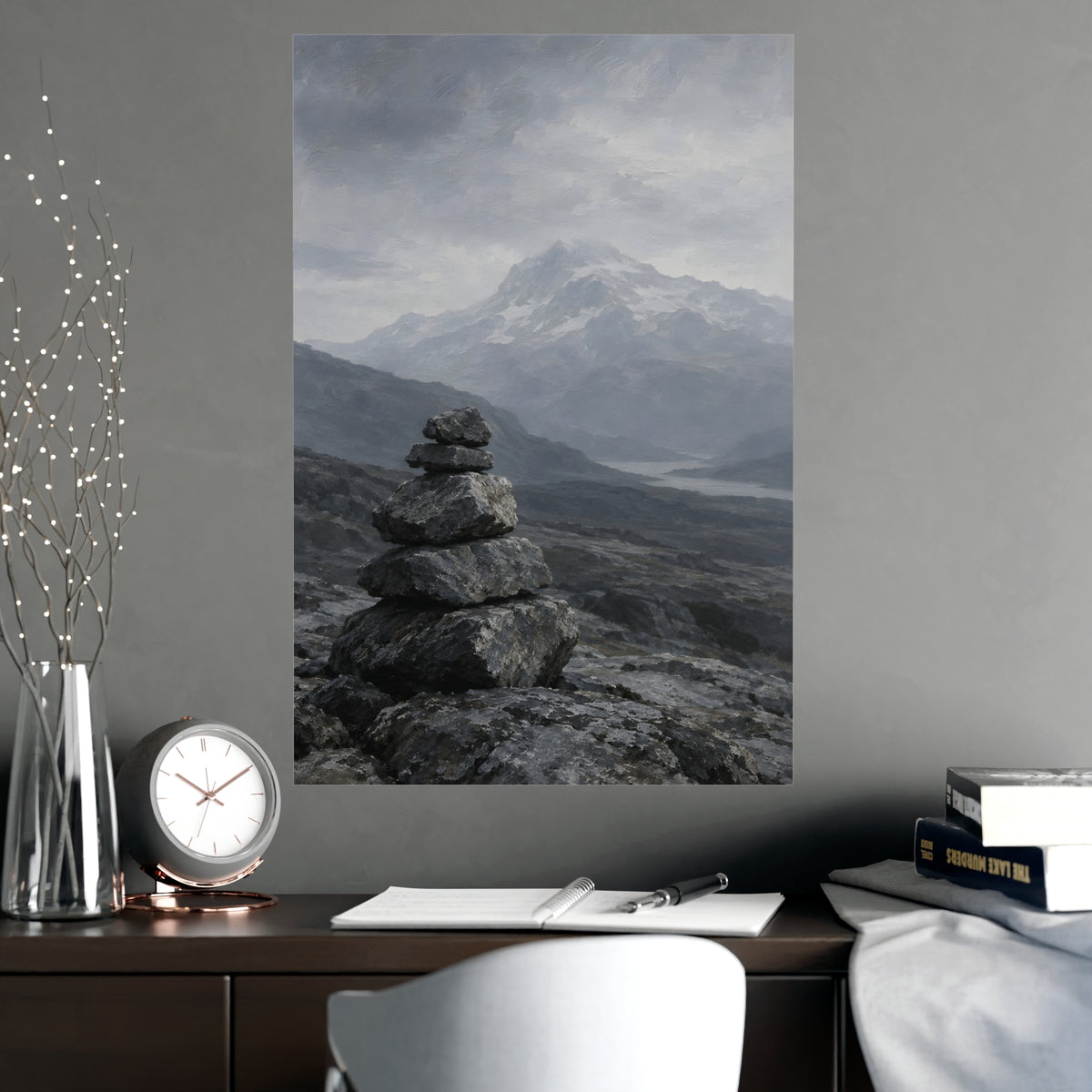 Cairn and Mountain — cairn and mountain, shown framed on a wall