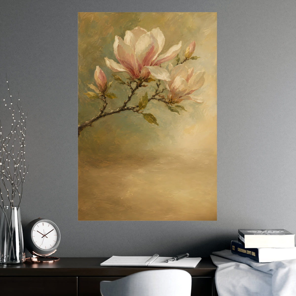 Magnolia Branch — a single magnolia branch in bloom, shown framed on a wall