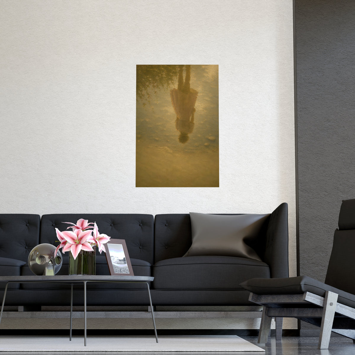 Reflected in the Shallows — only a woman's reflection in still shallow water, the figure herself out of frame, shown framed o