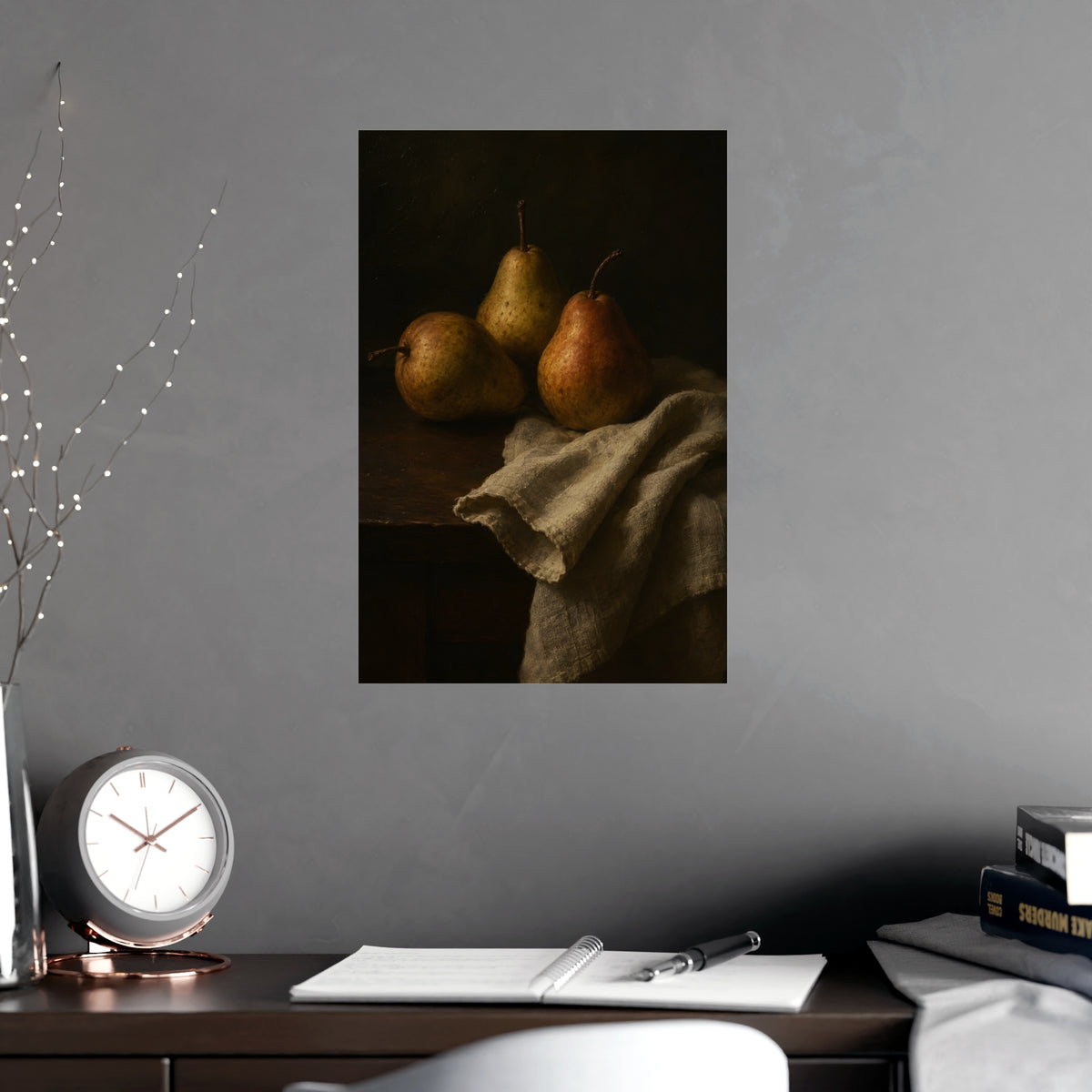 Three Pears — three pears, shown framed on a wall