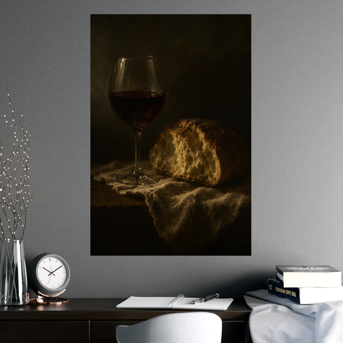 Wine and Bread — wine and bread, shown framed on a wall