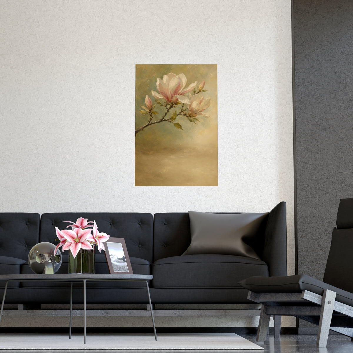 Magnolia Branch — a single magnolia branch in bloom, shown framed on a wall