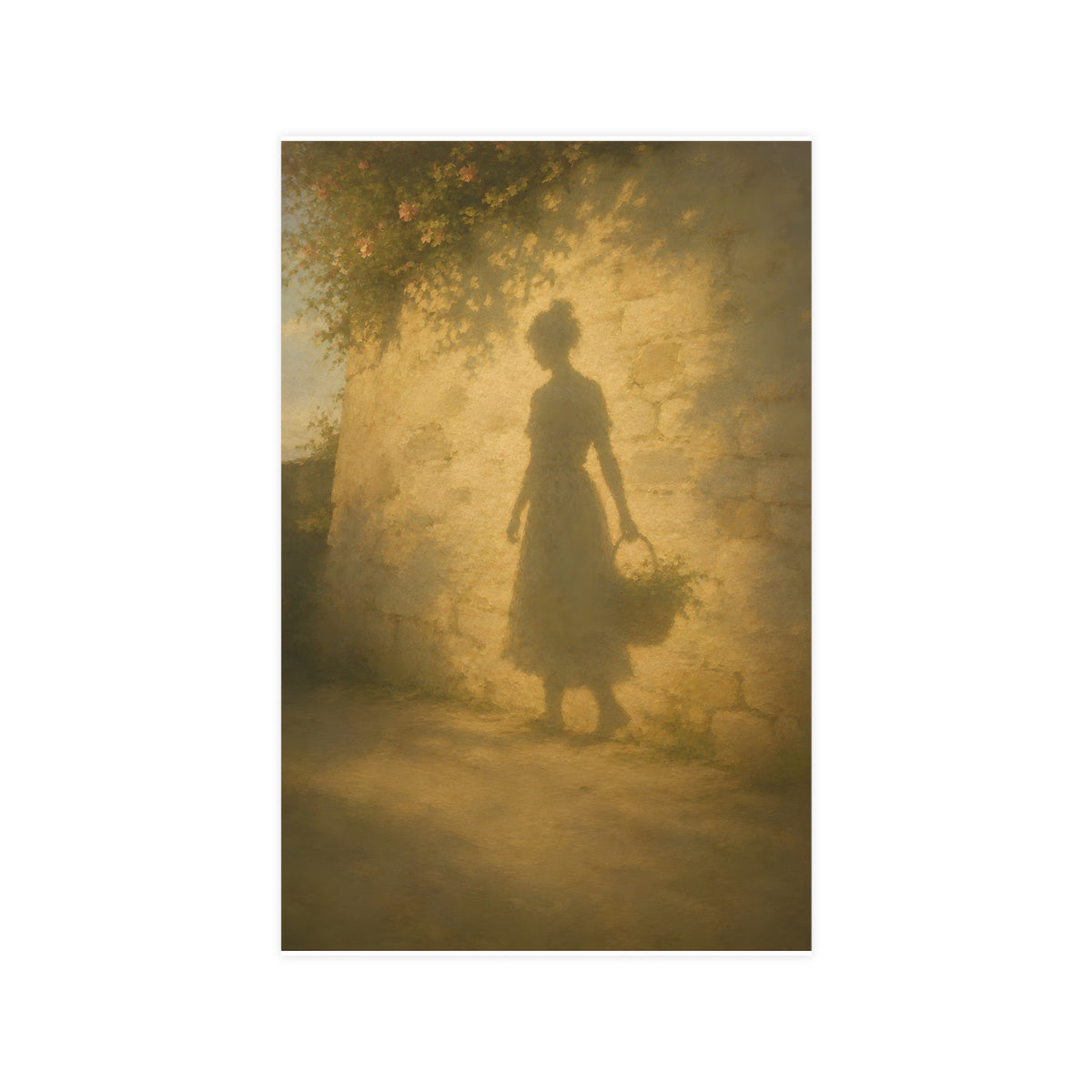 Her Shadow on the Wall — the long shadow of a woman carrying a basket, cast across a sunlit stone wall, 11x17 in print