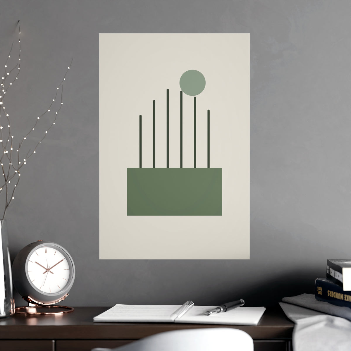 Sage Neutral Lines Boho Wall Art — lines in a sage neutral palette, shown framed on a wall