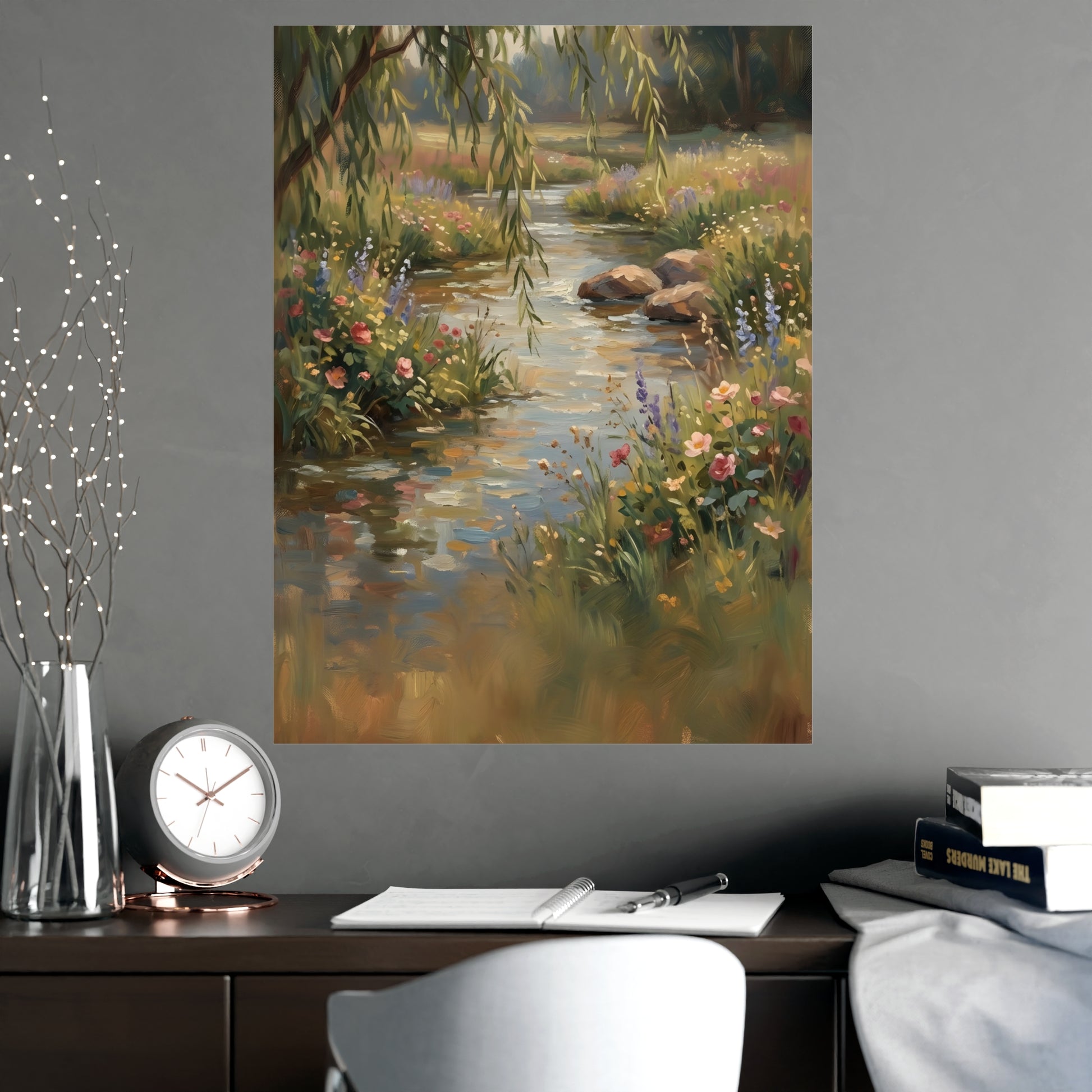 Willow Stream hung above a desk with a clock and notebook, 18x24 in print