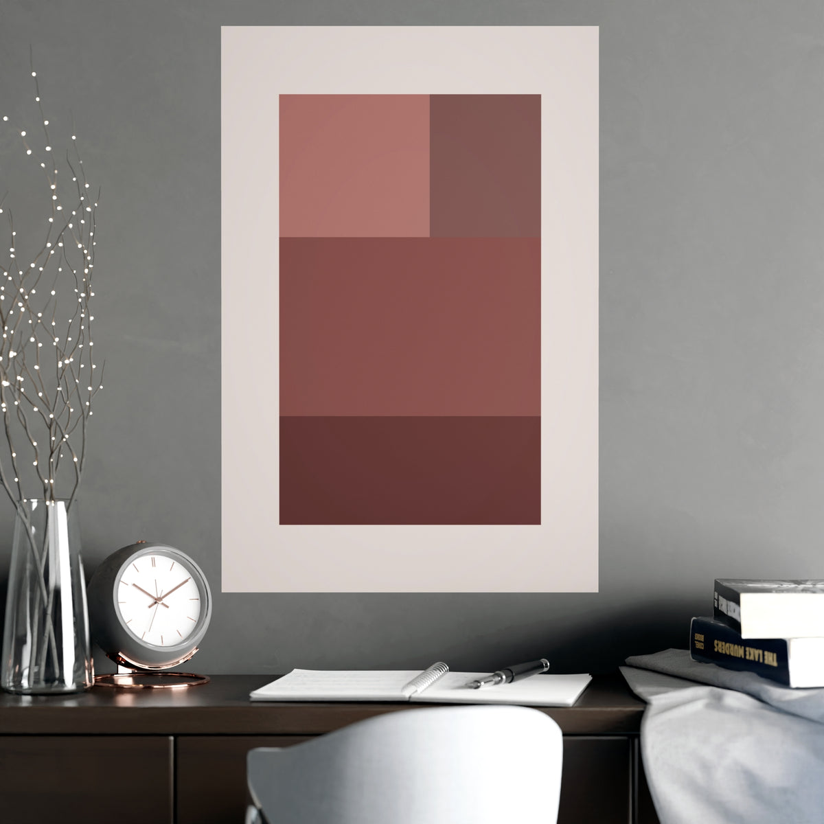 Dusty Rose Blocks Modern Wall Art — blocks in a dusty rose palette, shown framed on a wall