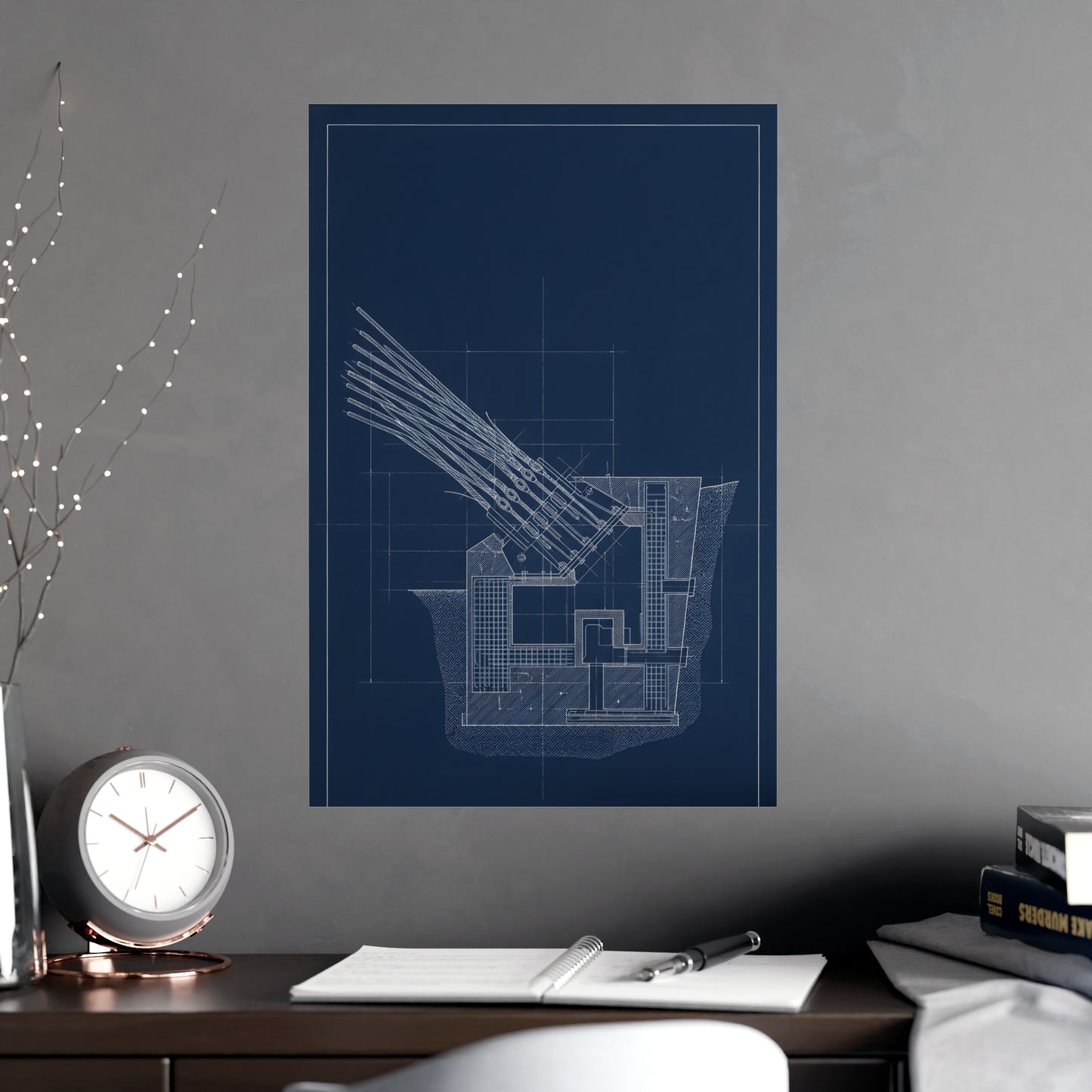 Cable Anchorage hung above a desk with a clock and notebook, 18x24 in print