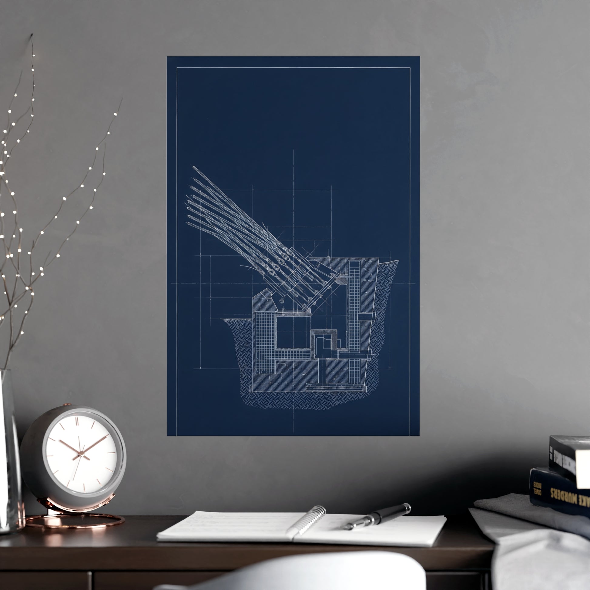 Cable Anchorage hung above a desk with a clock and notebook, 18x24 in print