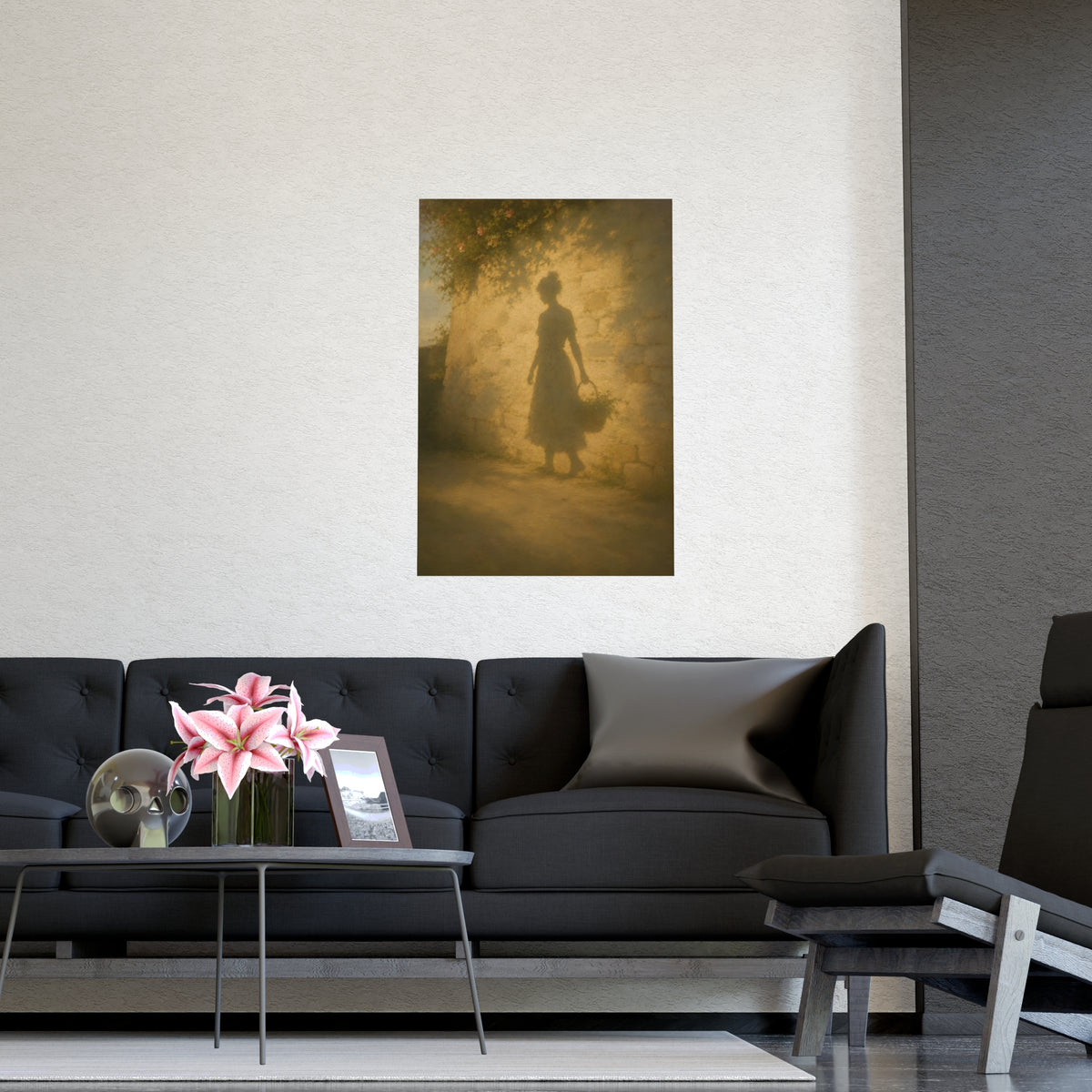 Her Shadow on the Wall — the long shadow of a woman carrying a basket, cast across a sunlit stone wall, shown framed on a wal