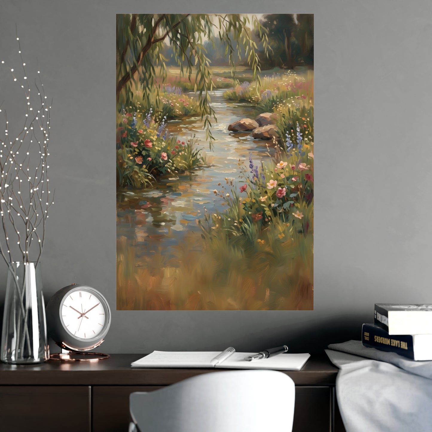 Willow Stream on a living room wall beside a tall vase, 20x30 in print