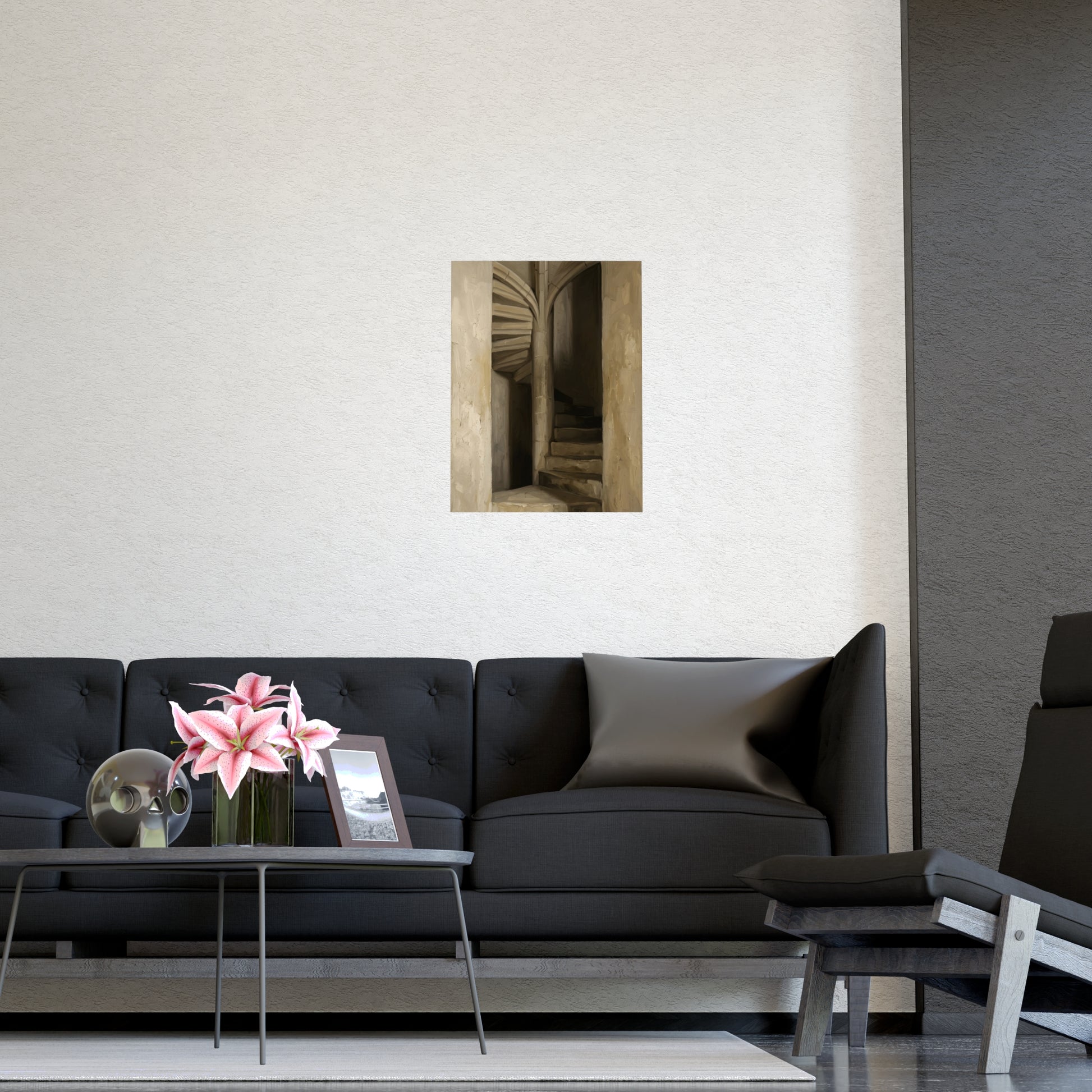 Stone Stair hung above a desk with a clock and notebook, 11x17 in print