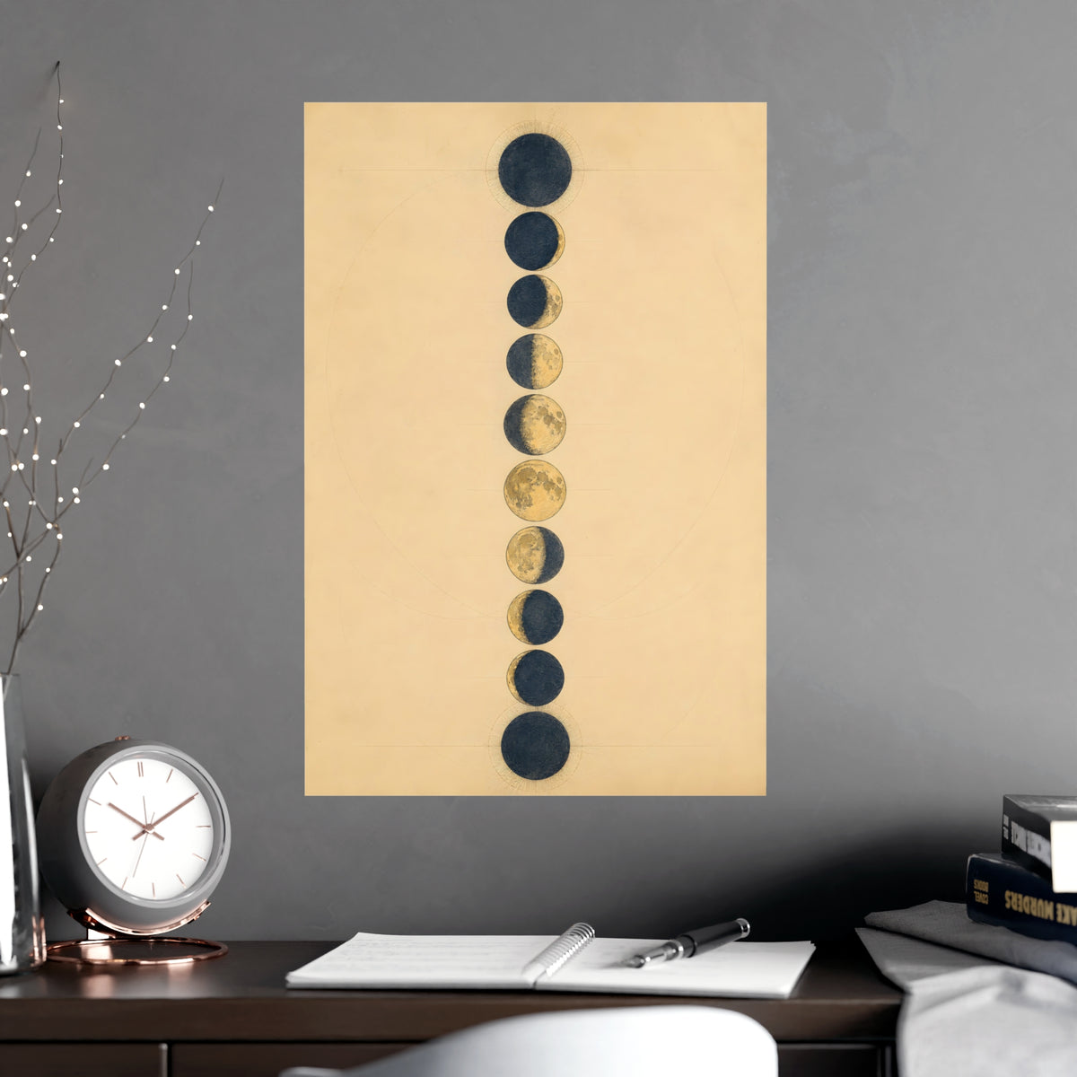 Phases of the Moon — phases of the moon, shown framed on a wall