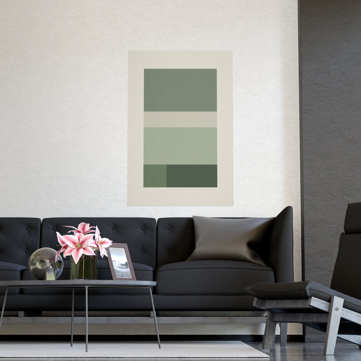 Sage Neutral Blocks Boho Wall Art — blocks in a sage neutral palette, shown framed on a wall