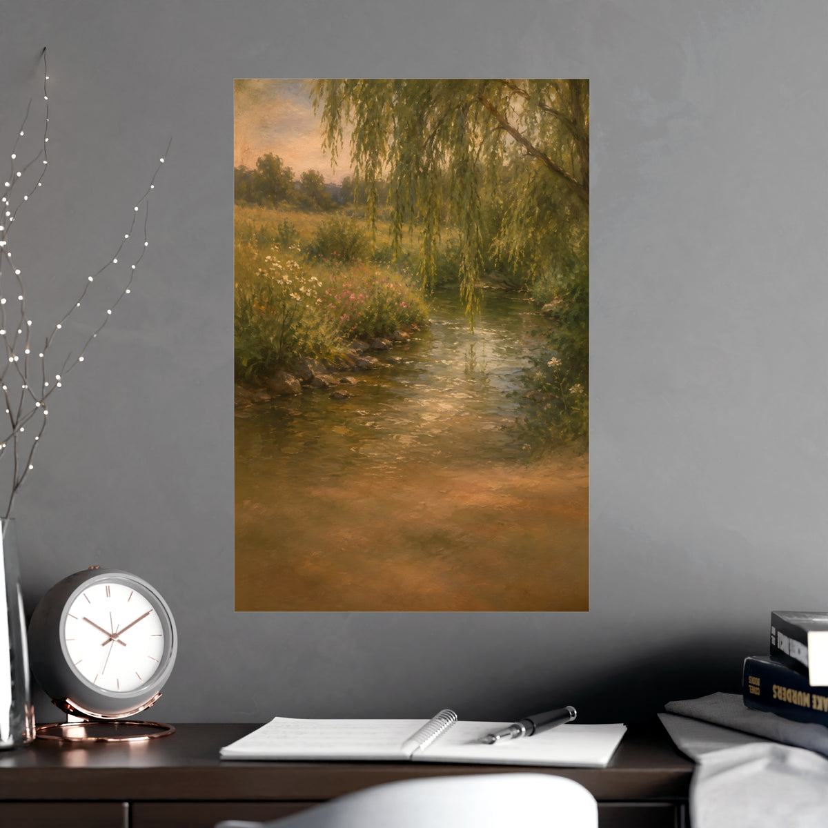 Willow Stream — a shallow stream winding through a meadow with willow branches trailing over the water, shown framed on a wal