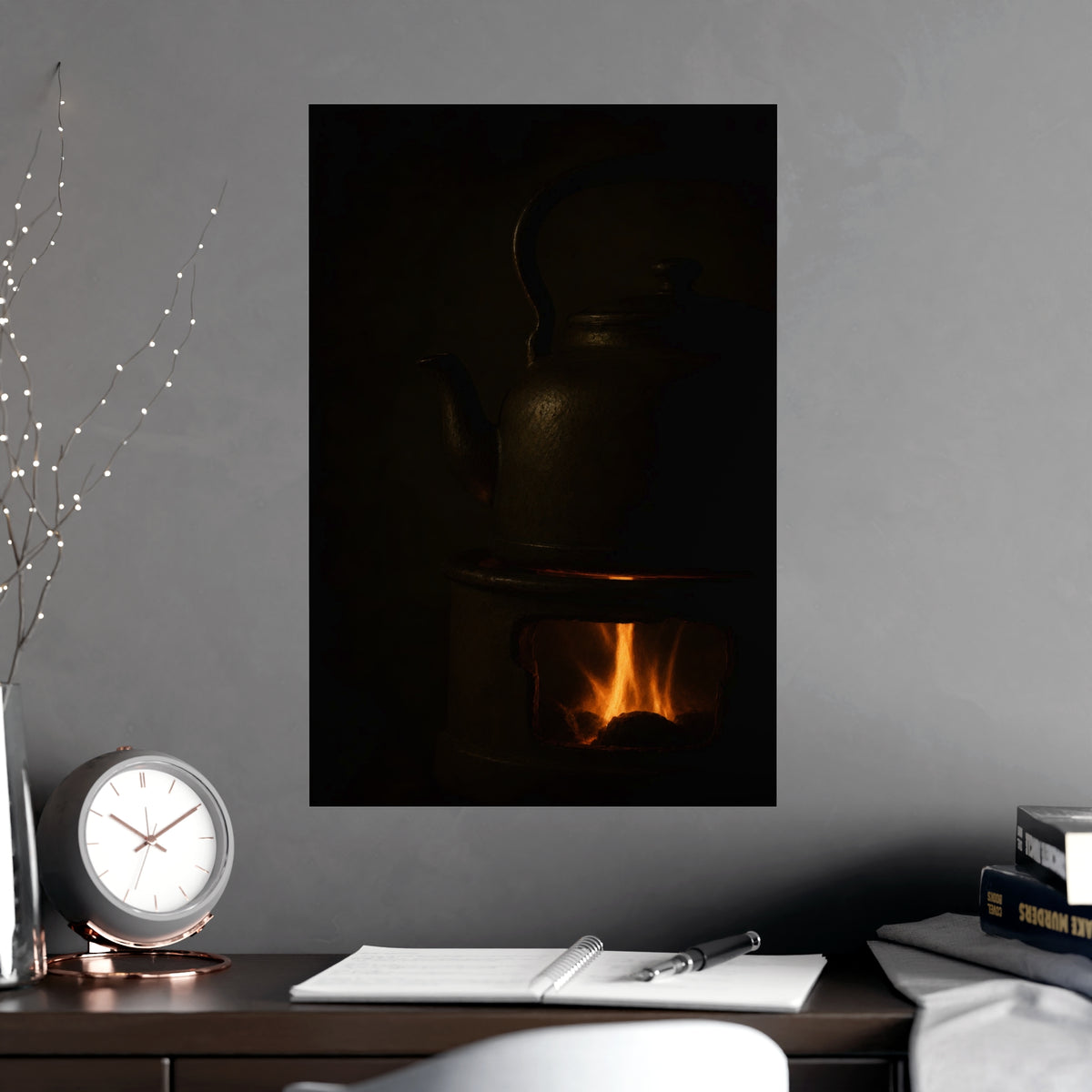 Under the Kettle — under the kettle, shown framed on a wall