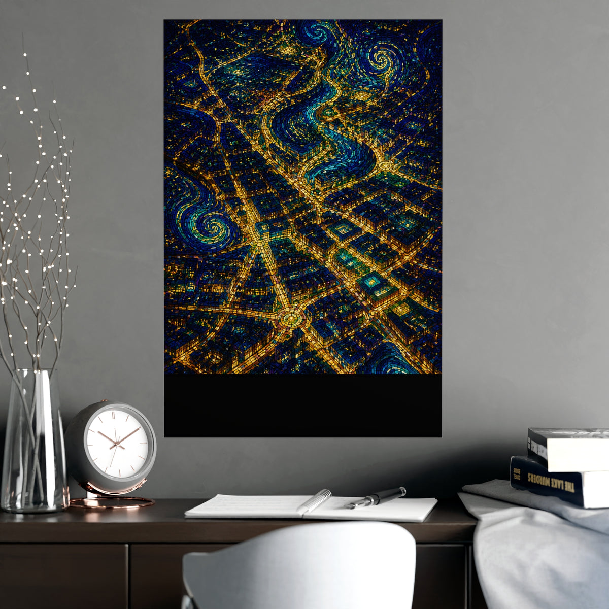 City from Above — city from above, shown framed on a wall