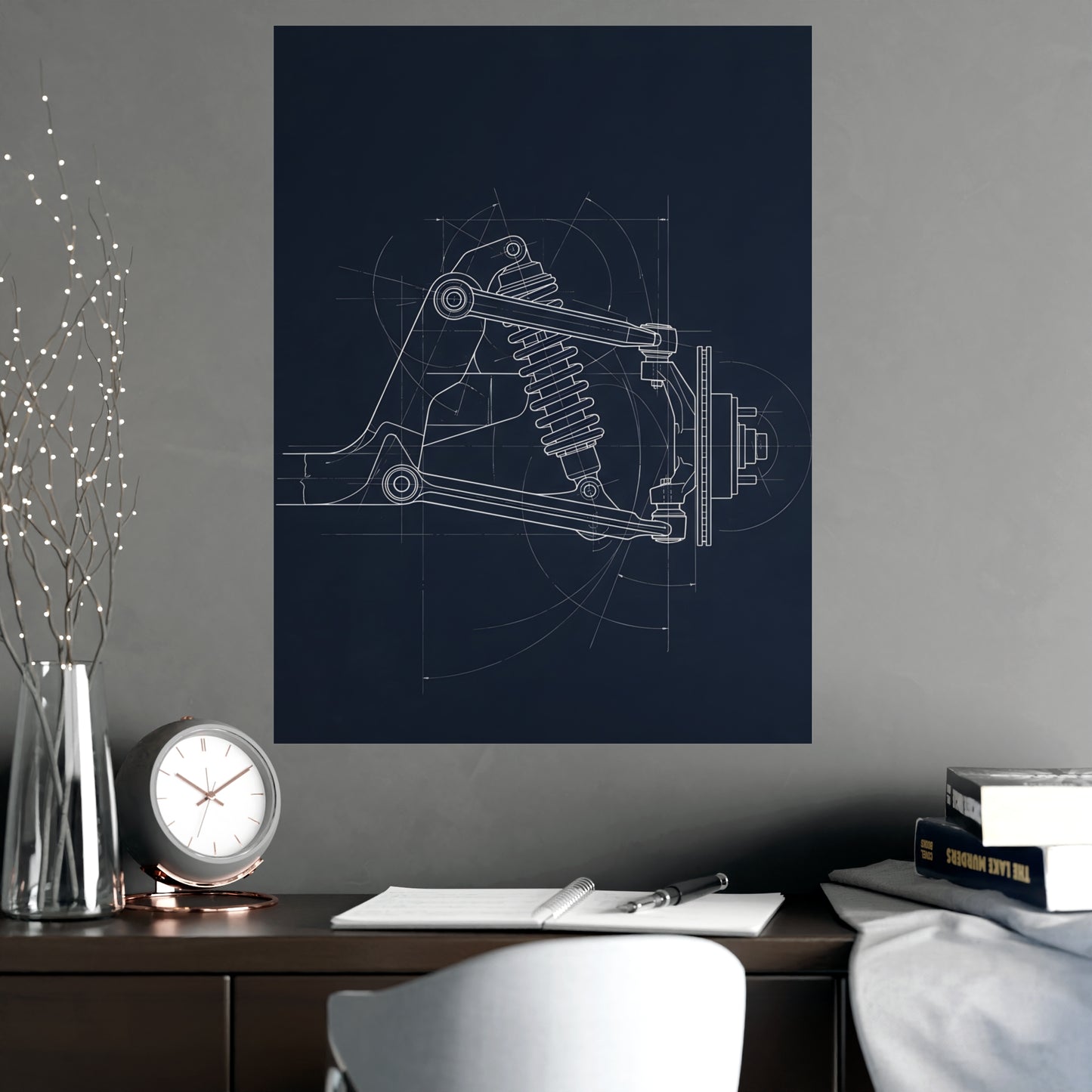 Double Wishbone hung on a grey wall above a dark sofa, 18x24 in print