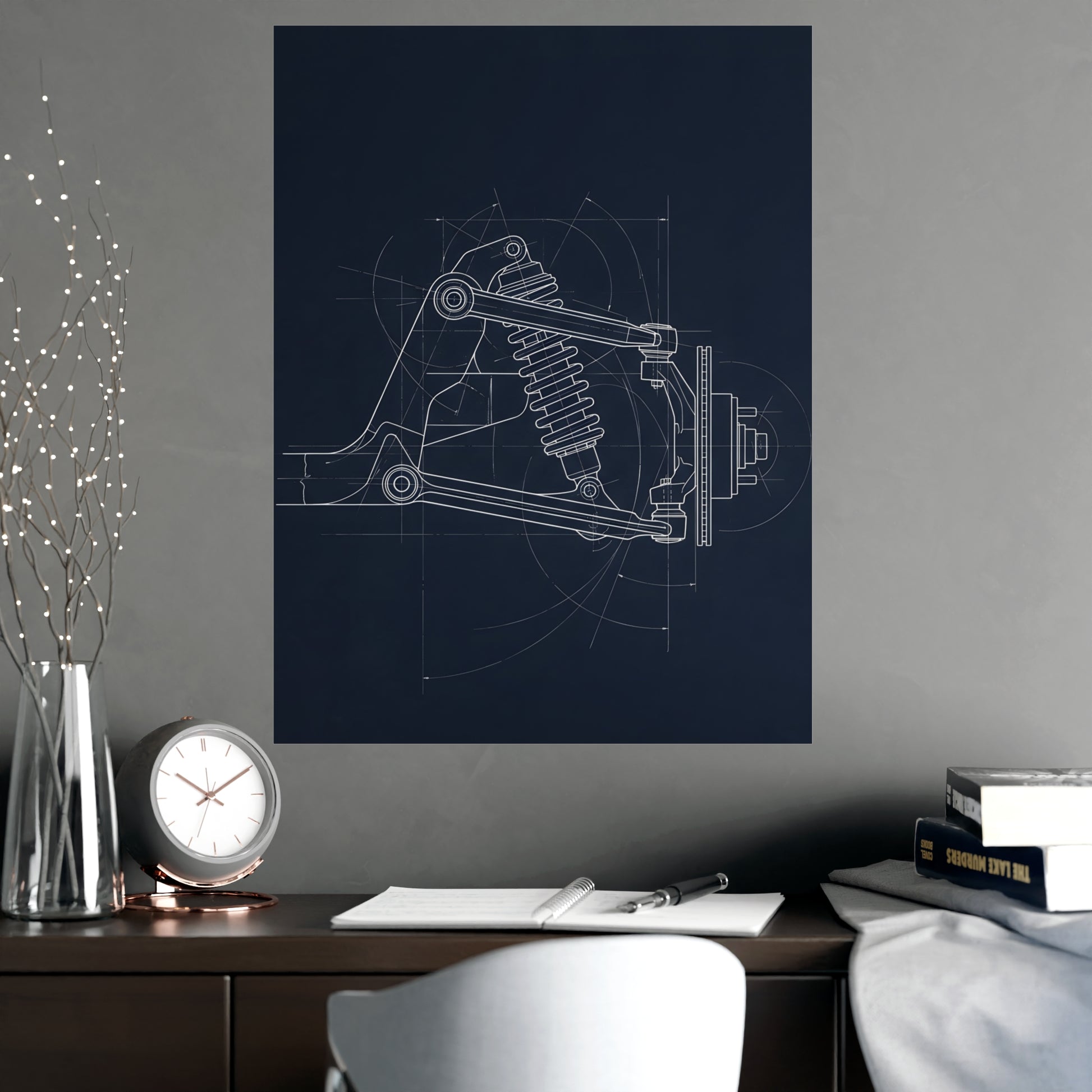 Double Wishbone hung on a grey wall above a dark sofa, 18x24 in print
