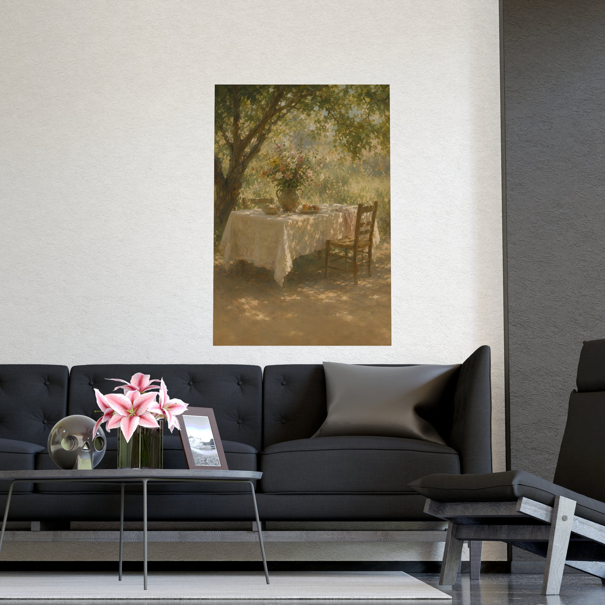 Table Under the Tree — a table under a tree with a linen cloth and a jug of wildflowers, shown framed on a wall