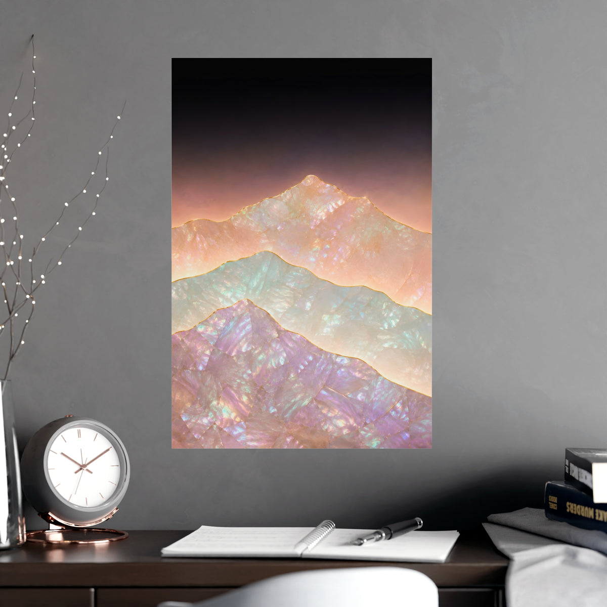 Mountains, Far Off — mountains, far off, shown framed on a wall