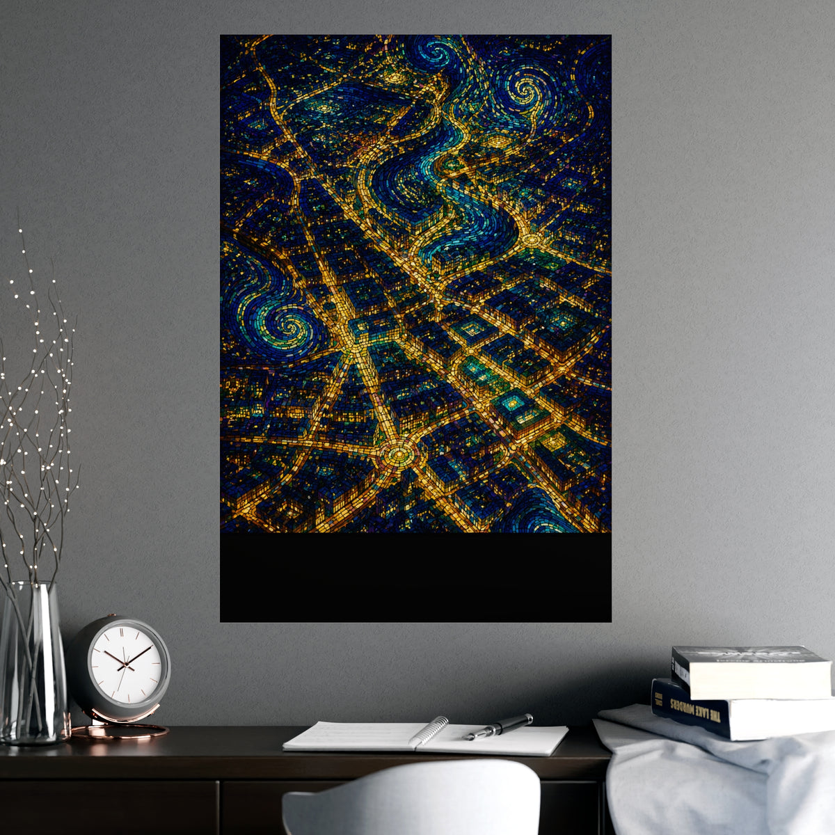City from Above — city from above, shown framed on a wall