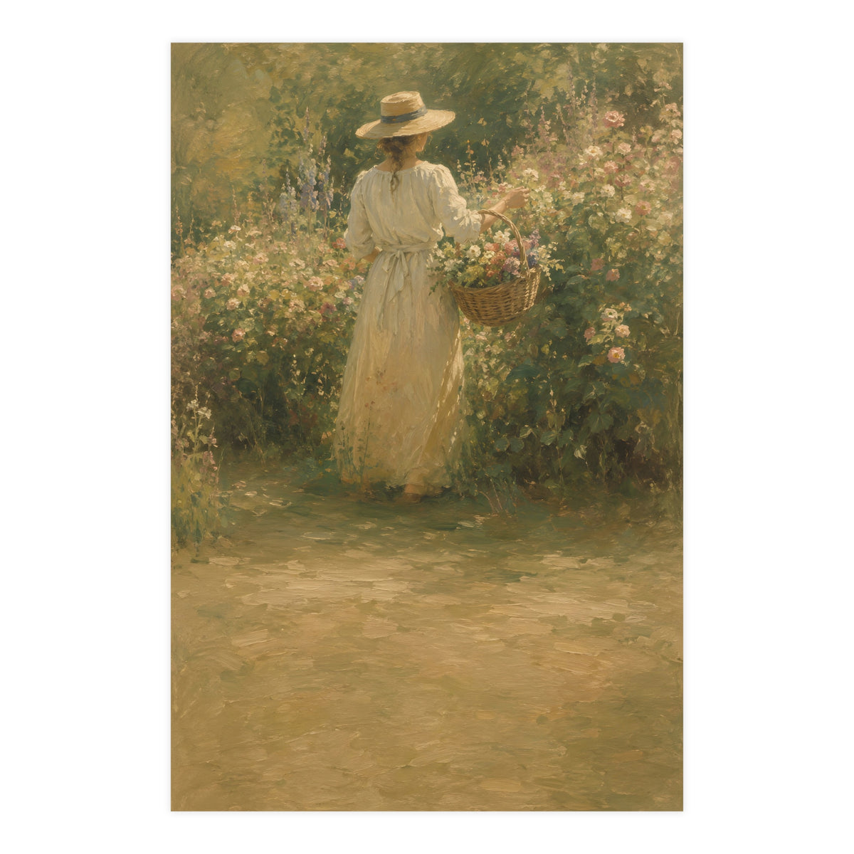 Gathering Flowers — a woman in a straw hat gathering flowers into a wicker basket, 24x36 in print