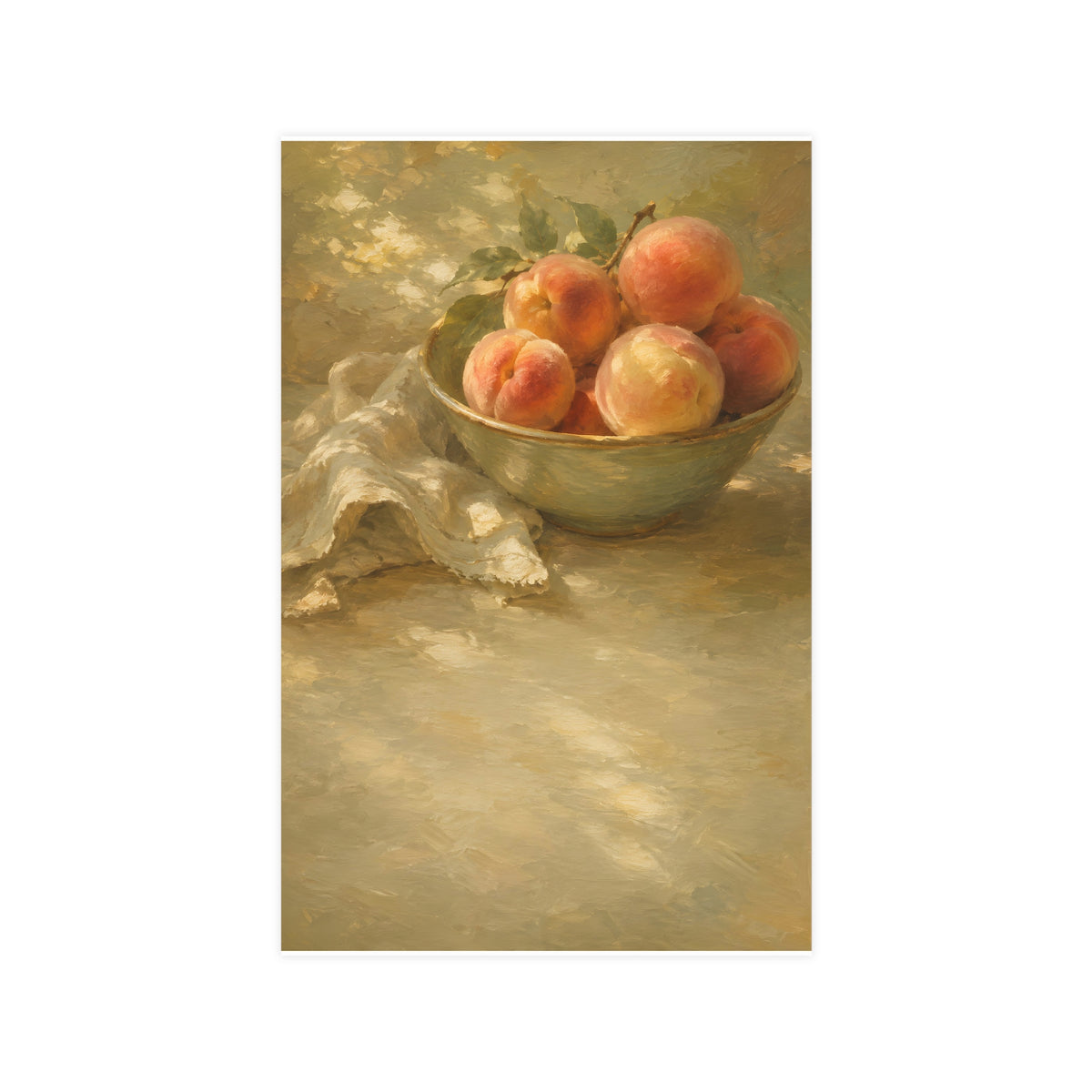 Bowl of Peaches — a bowl of ripe peaches and a folded linen napkin on a sunlit table, 11x17 in print