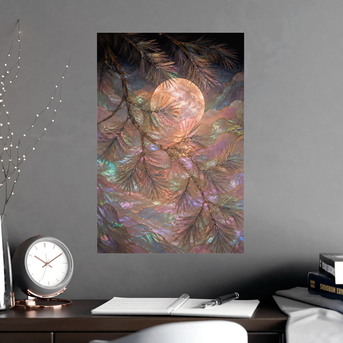 Moon behind Pines — moon behind pines, shown framed on a wall