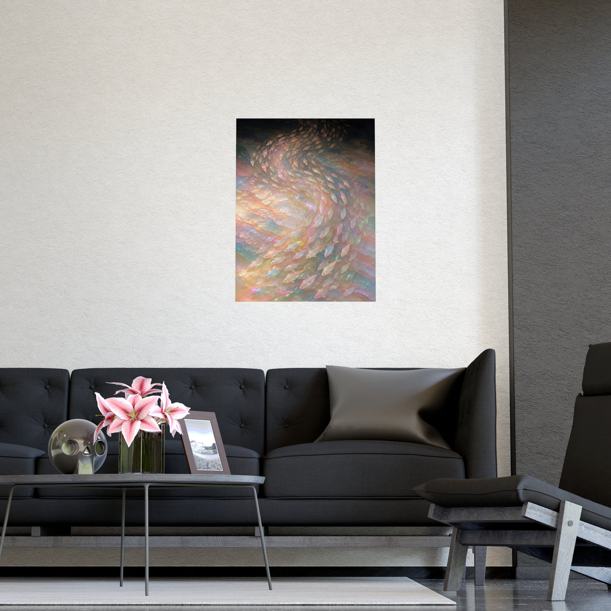 A Shoal, Turning — a shoal, turning, shown framed on a wall